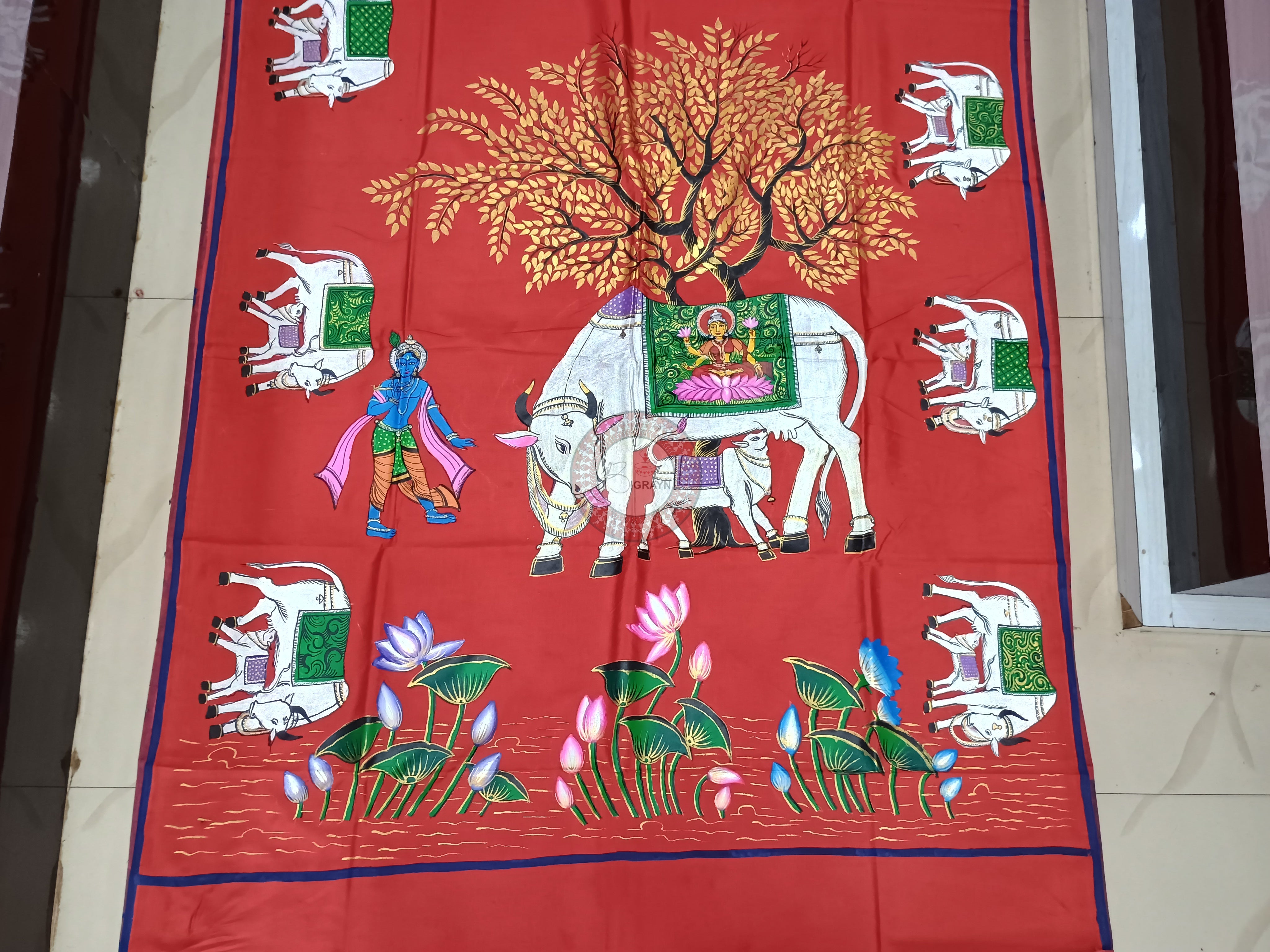 Red Kamadhenu Theme Pattachitra Khadi Silk Saree