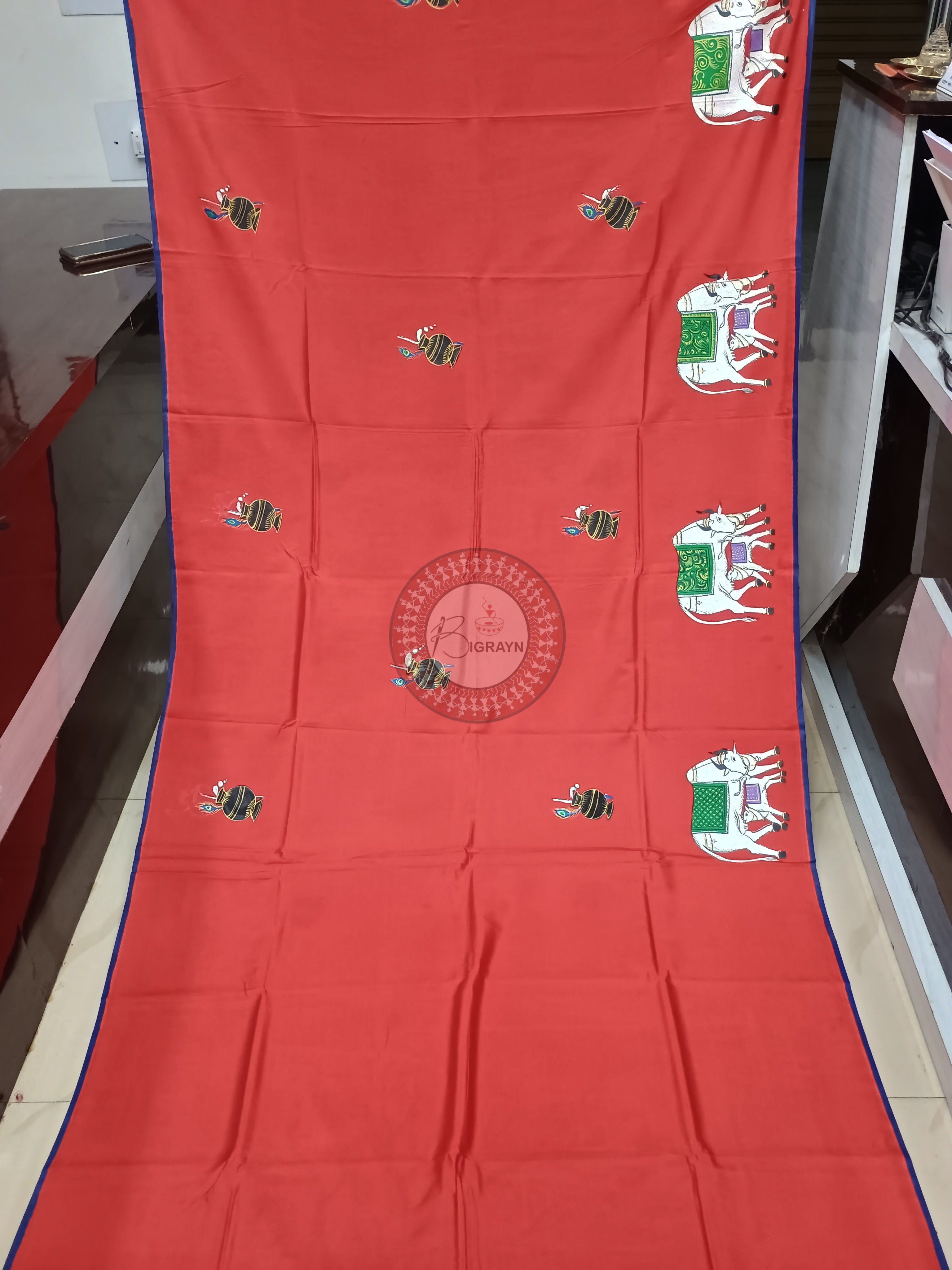 Red Kamadhenu Theme Pattachitra Khadi Silk Saree