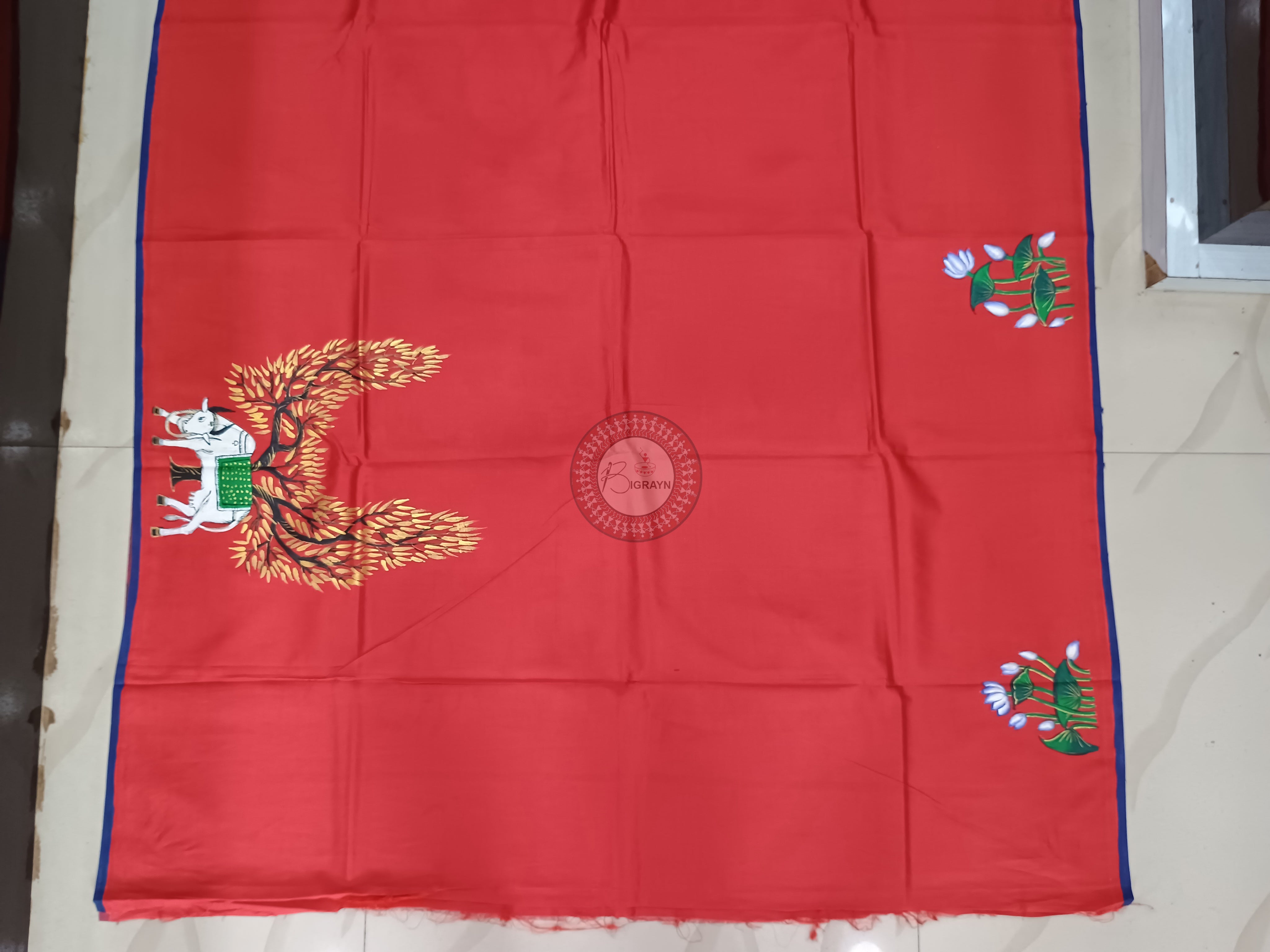 Red Kamadhenu Theme Pattachitra Khadi Silk Saree