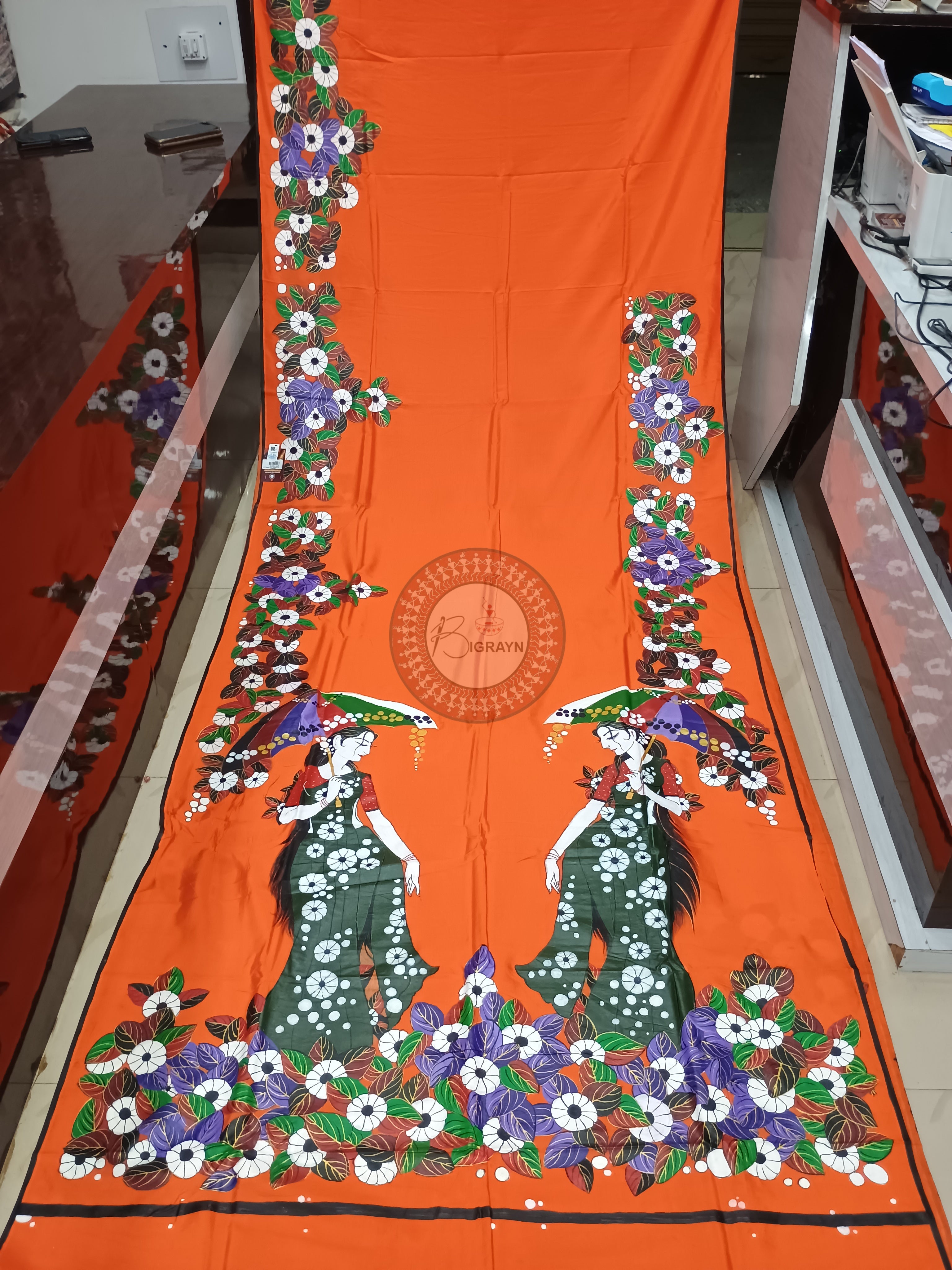 Orange Lady With Umbrella Theme Pattachitra Khadi Silk Saree