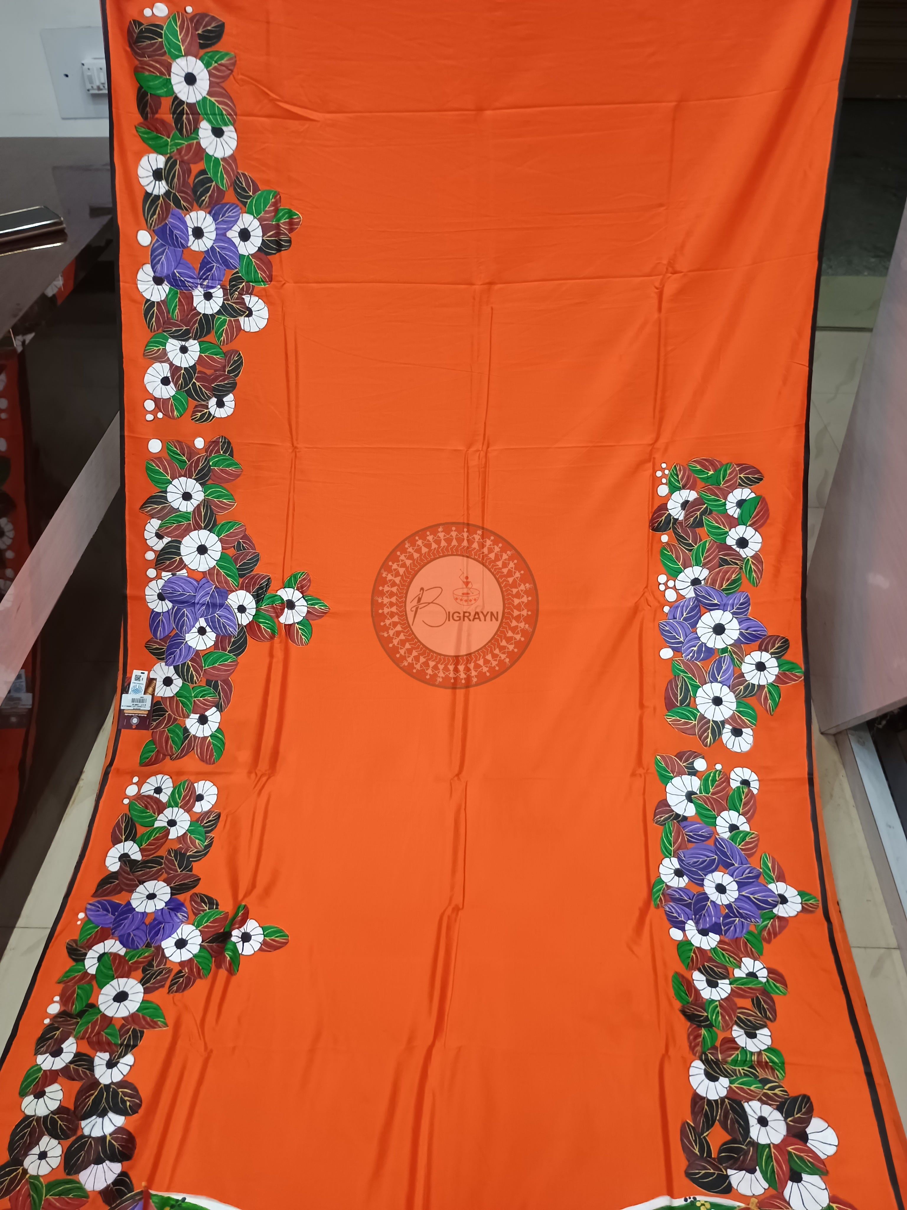 Orange Lady With Umbrella Theme Pattachitra Khadi Silk Saree