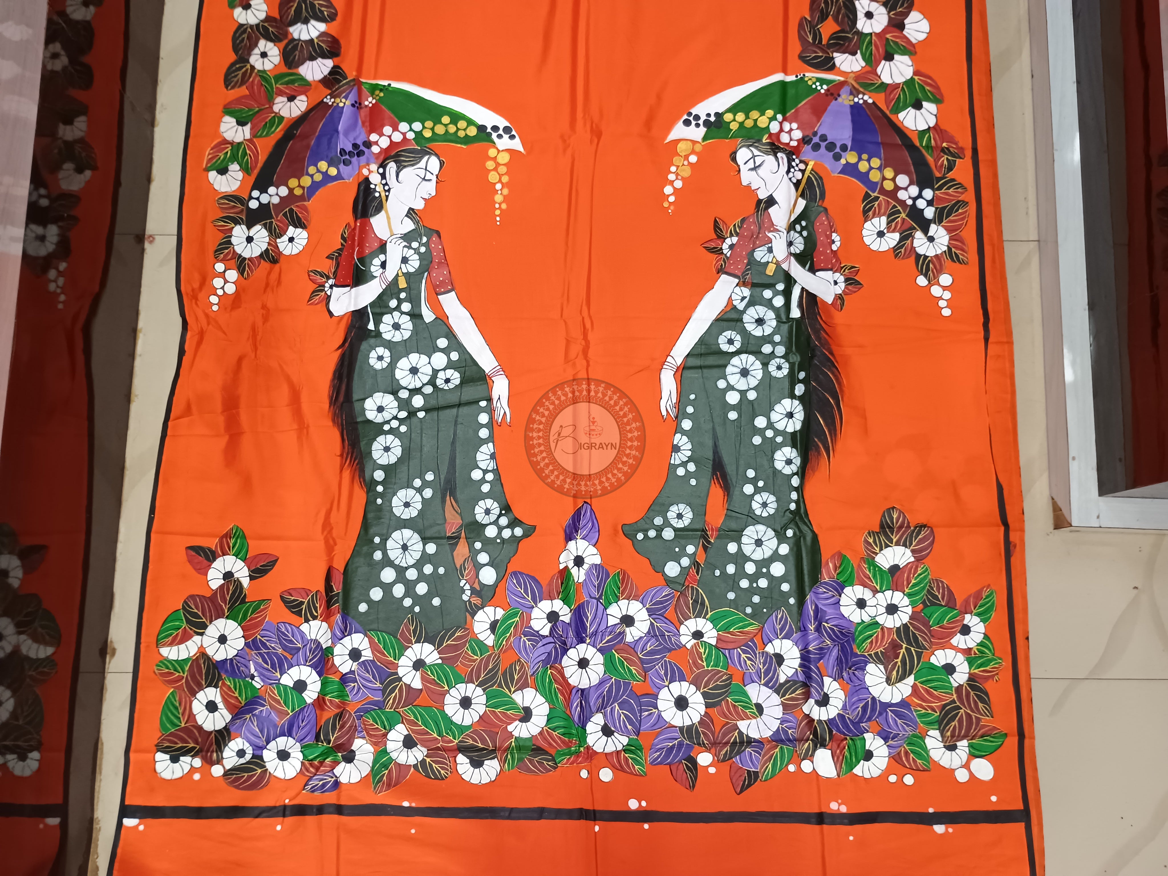 Orange Lady With Umbrella Theme Pattachitra Khadi Silk Saree
