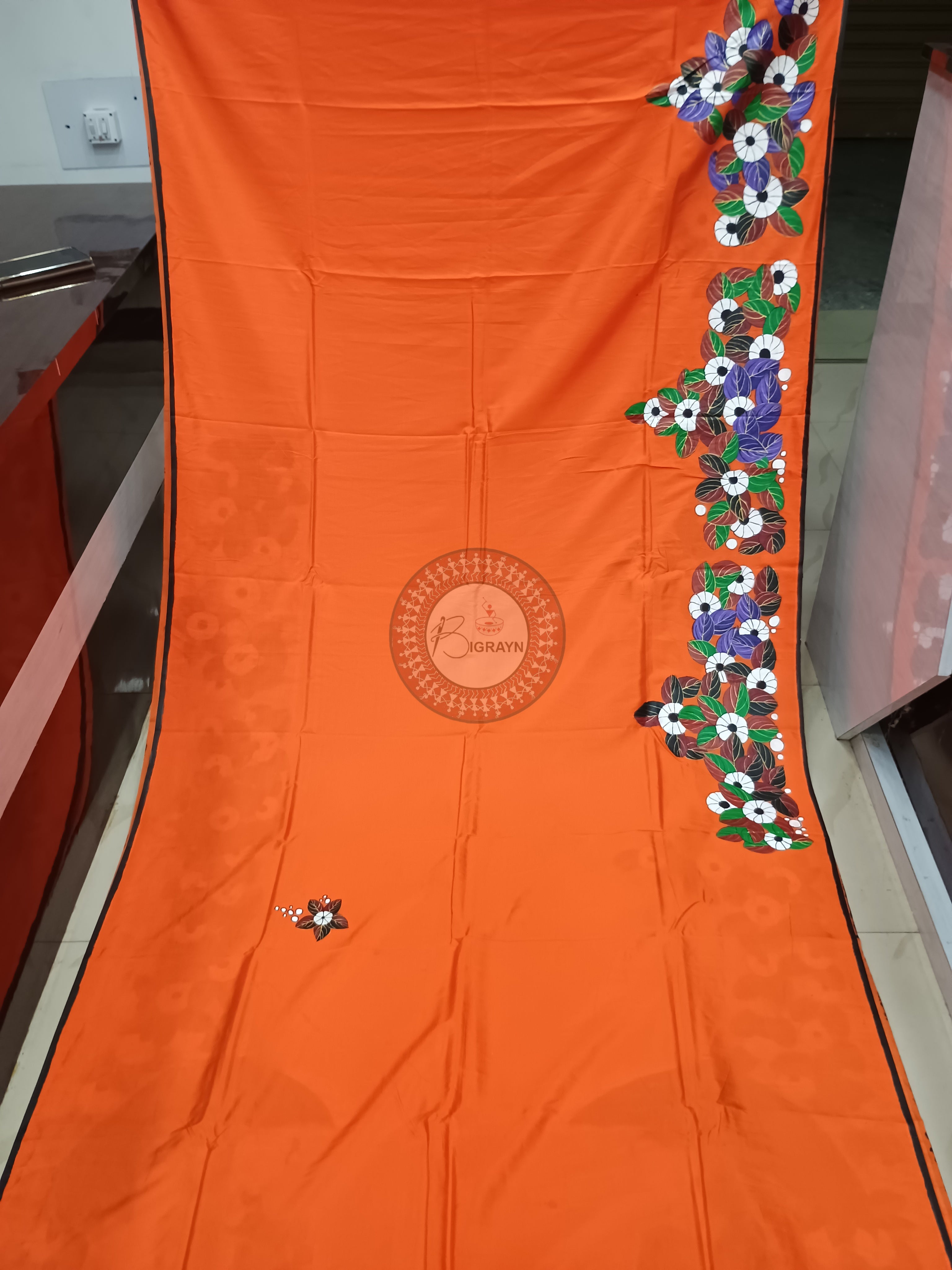 Orange Lady With Umbrella Theme Pattachitra Khadi Silk Saree