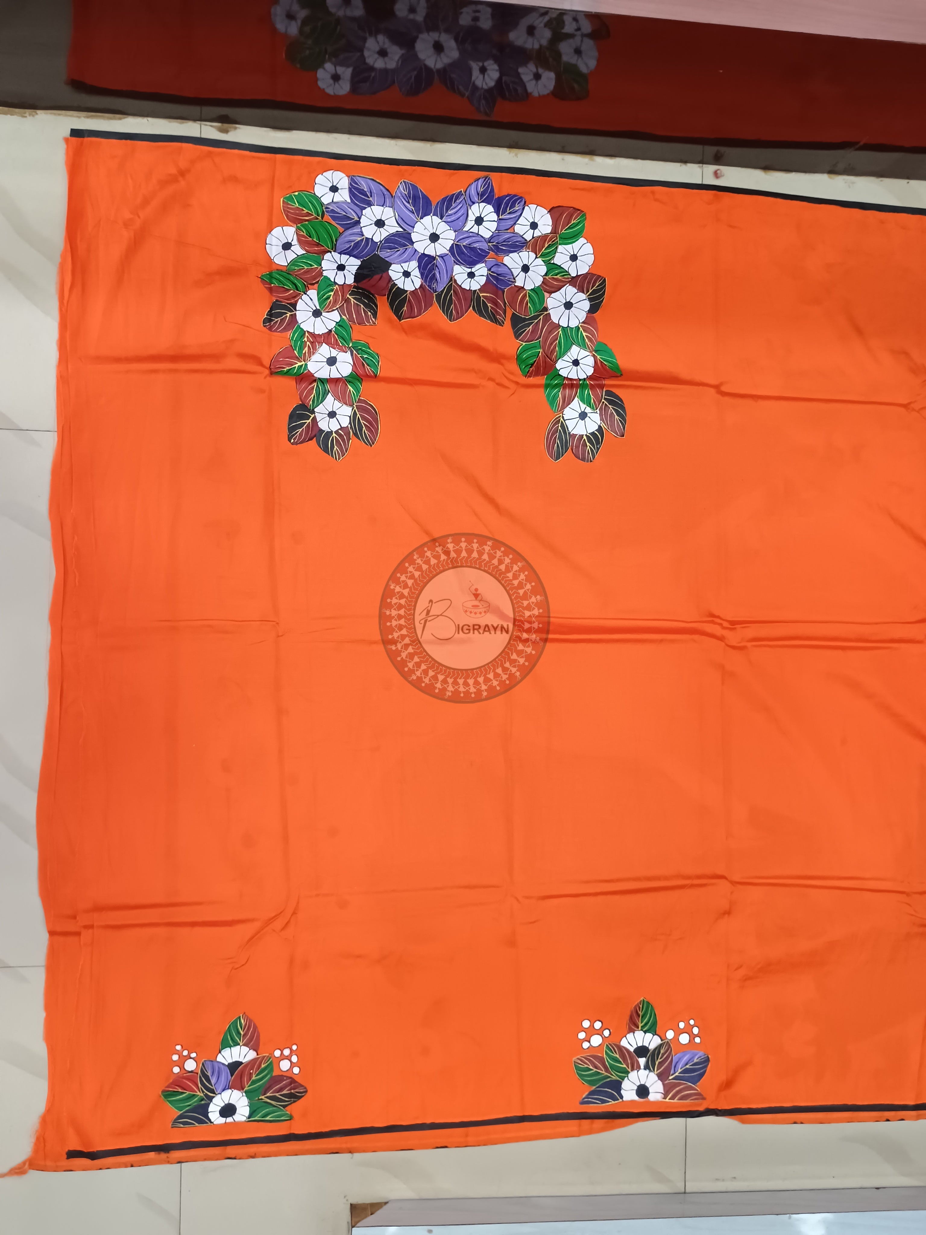 Orange Lady With Umbrella Theme Pattachitra Khadi Silk Saree