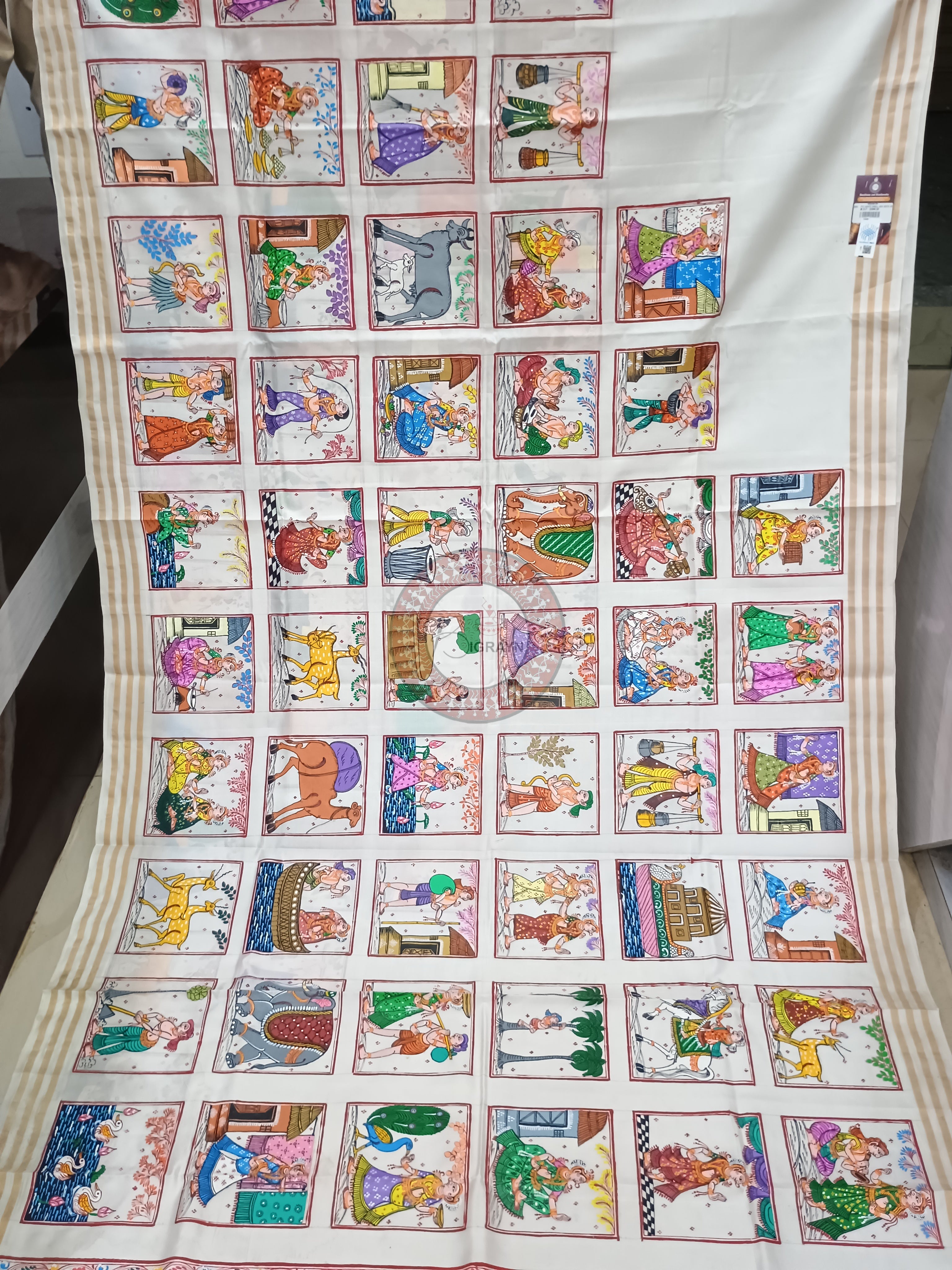 White Small Box Boita Theme Pattachitra Kanjeeveram Silk Saree