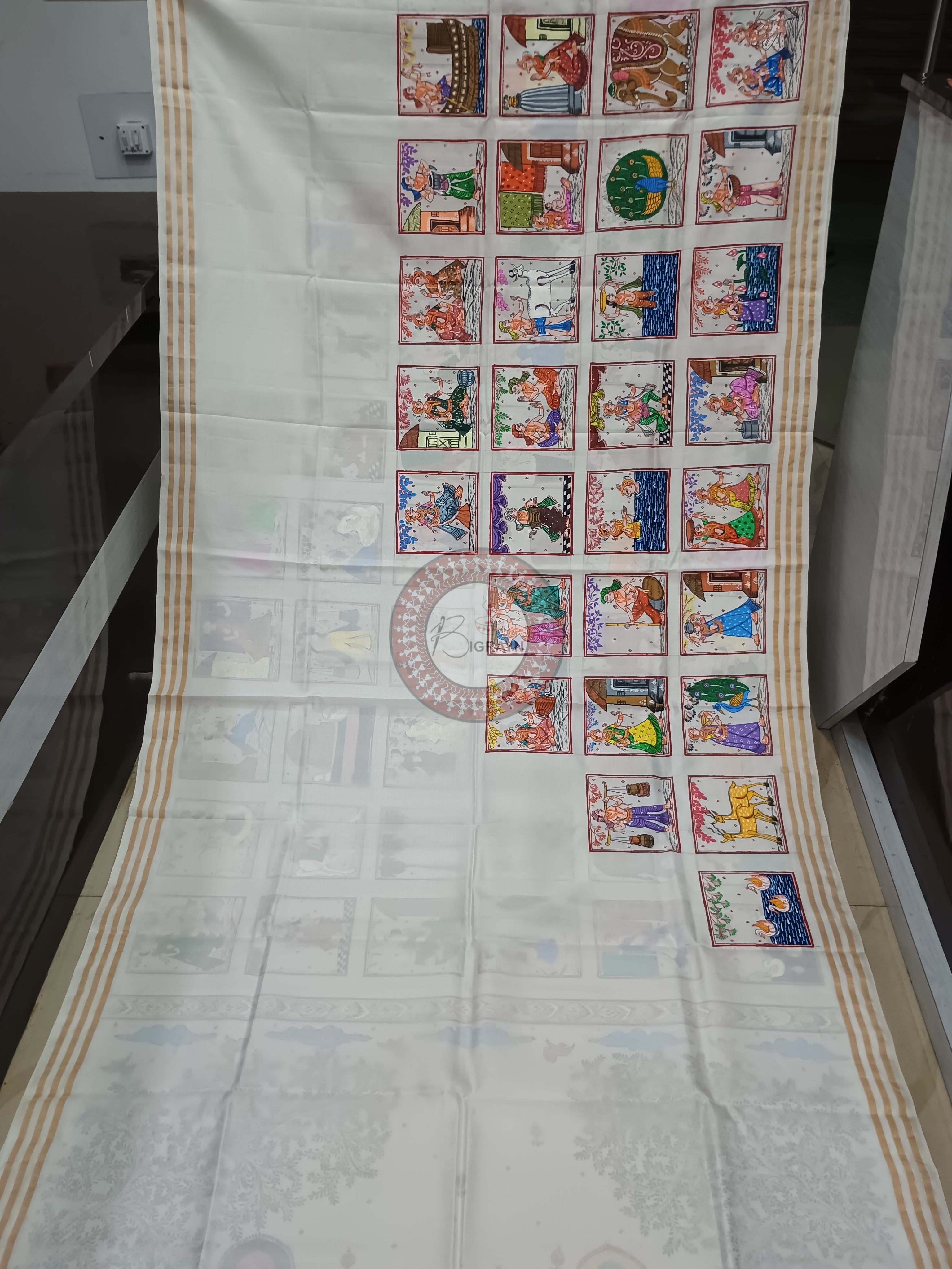 White Small Box Boita Theme Pattachitra Kanjeeveram Silk Saree