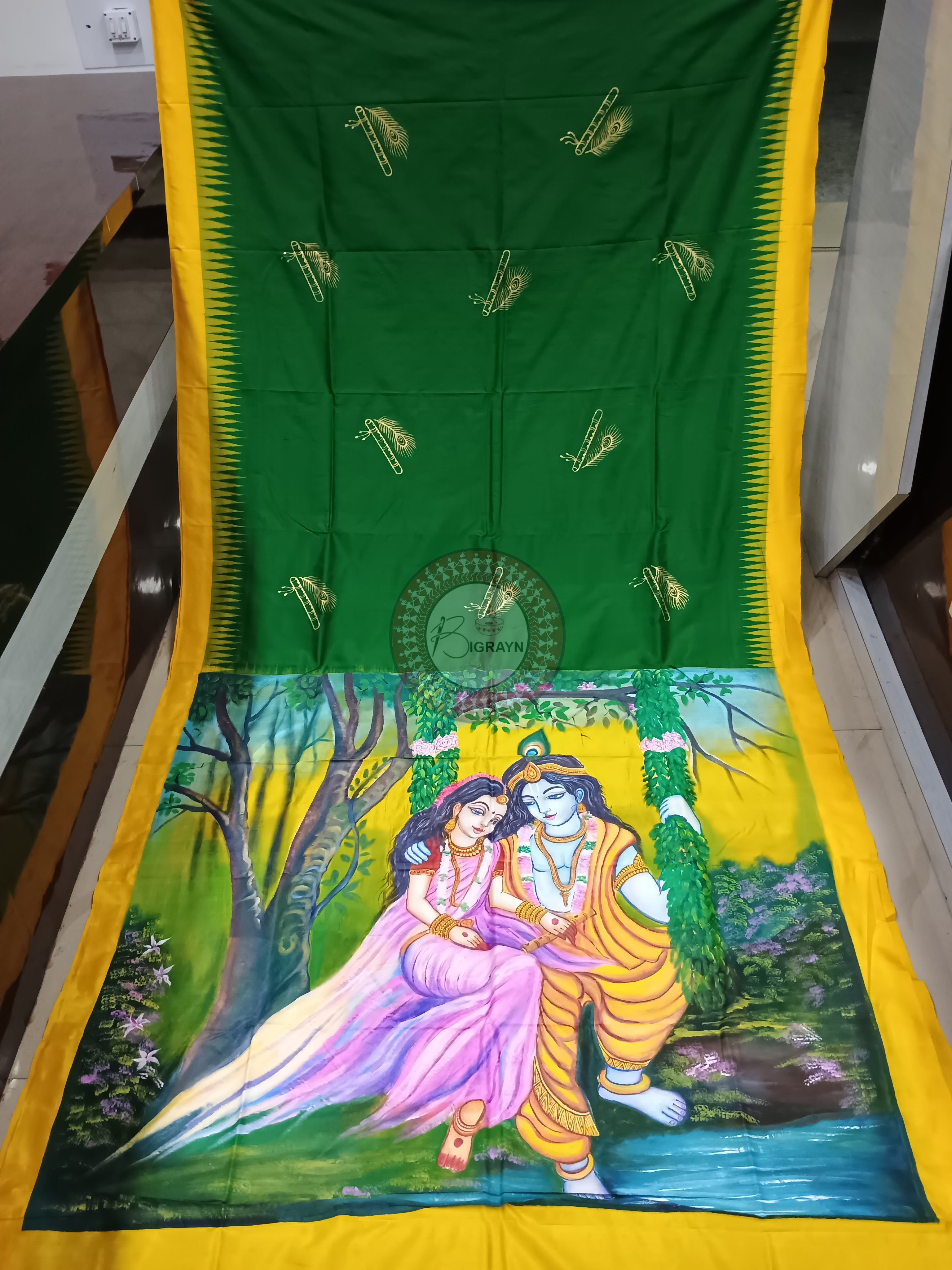 Green Yellow Radha Krishna Mordern Art Theme Pattachitra Silk Saree