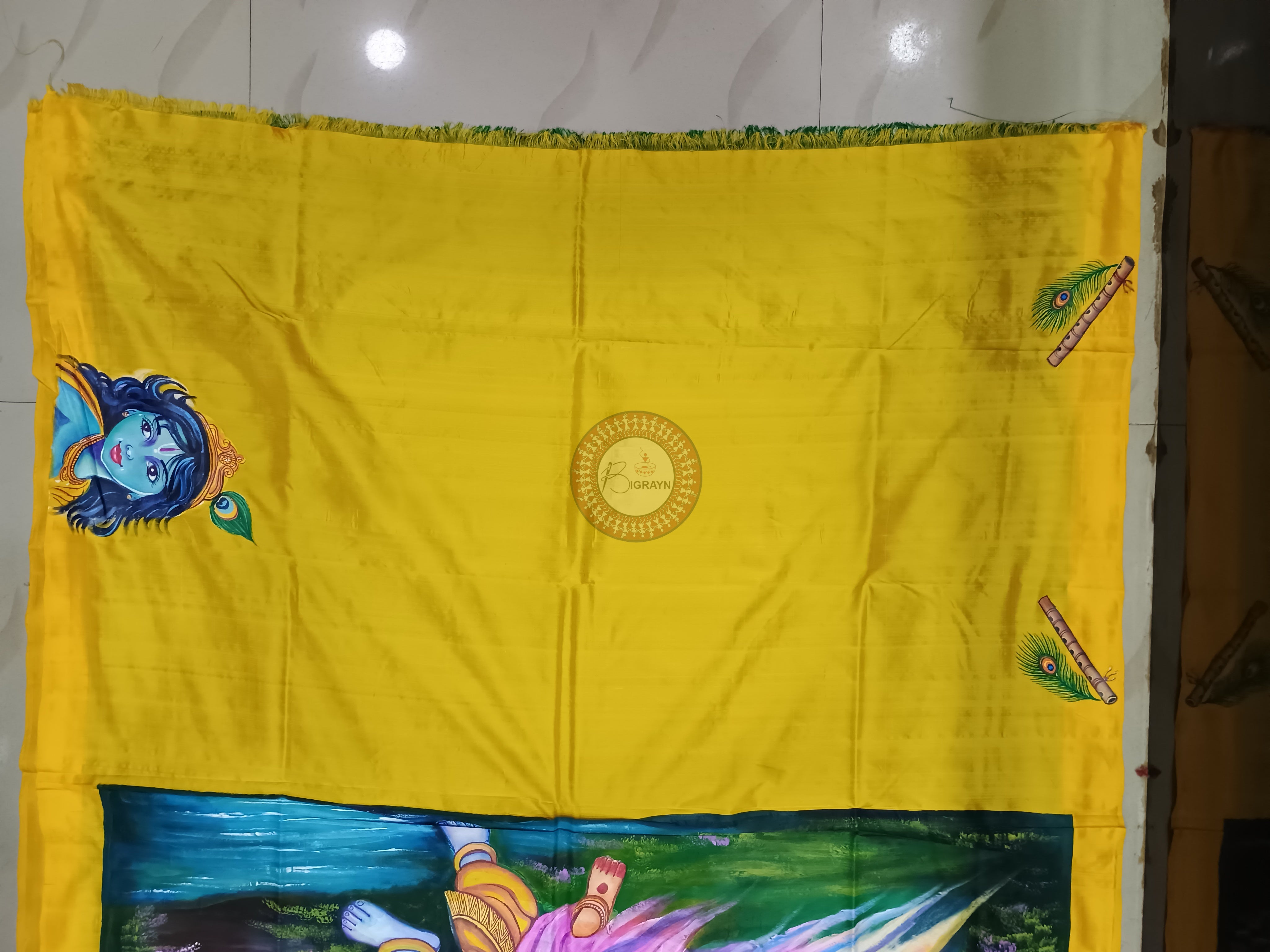 Green Yellow Radha Krishna Mordern Art Theme Pattachitra Silk Saree
