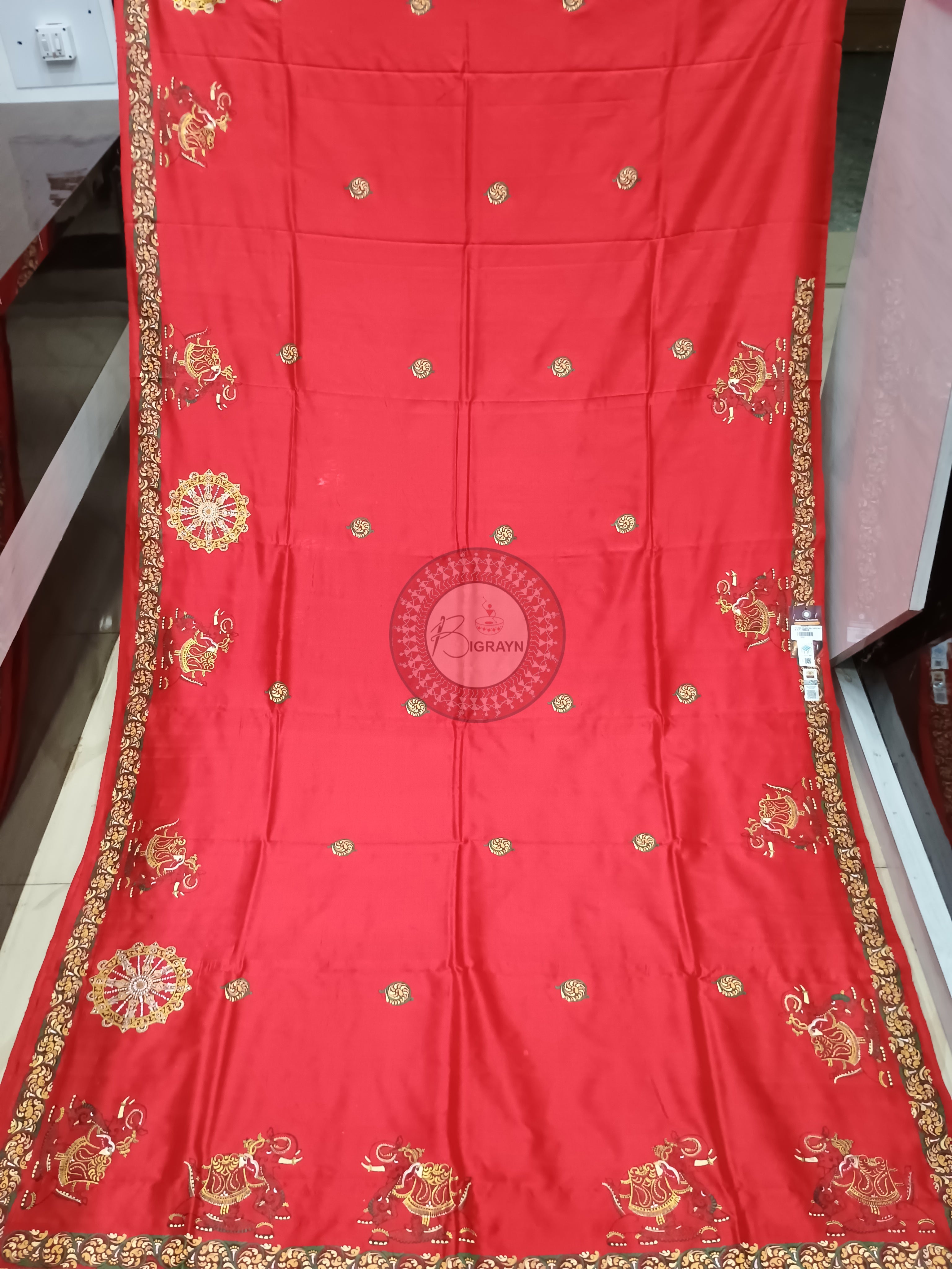 Red Konark Wheel Theme Pattachitra Silk Saree