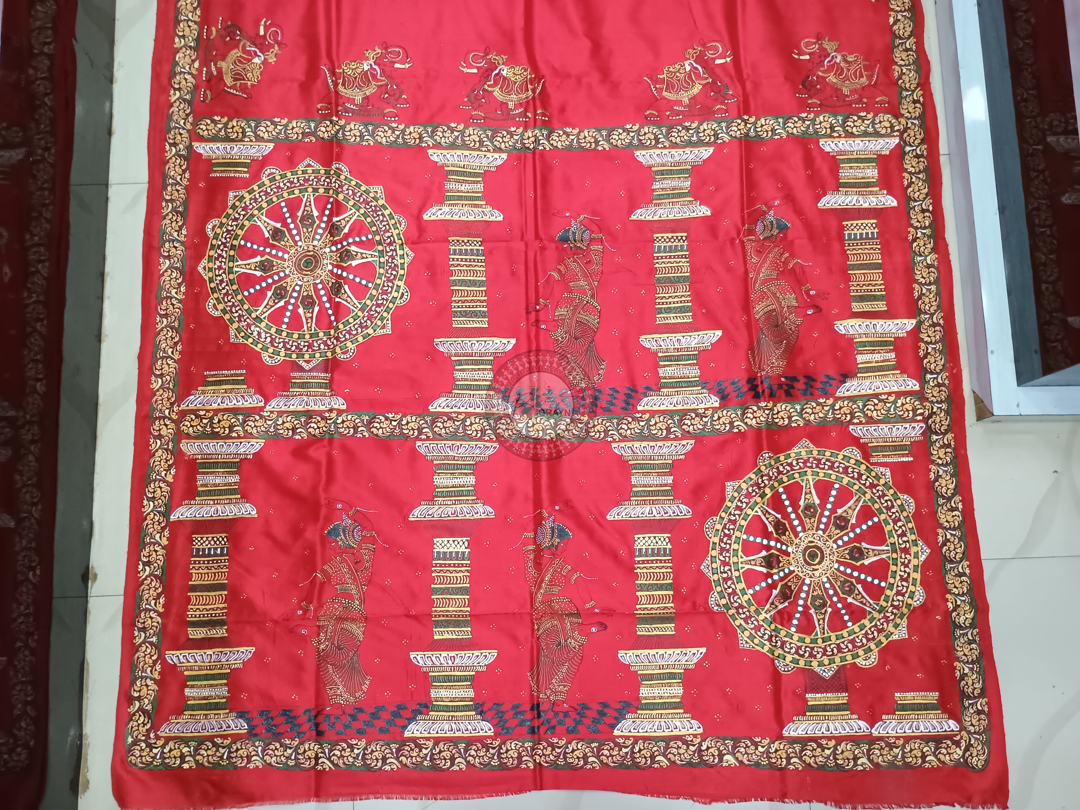 Red Konark Wheel Theme Pattachitra Silk Saree