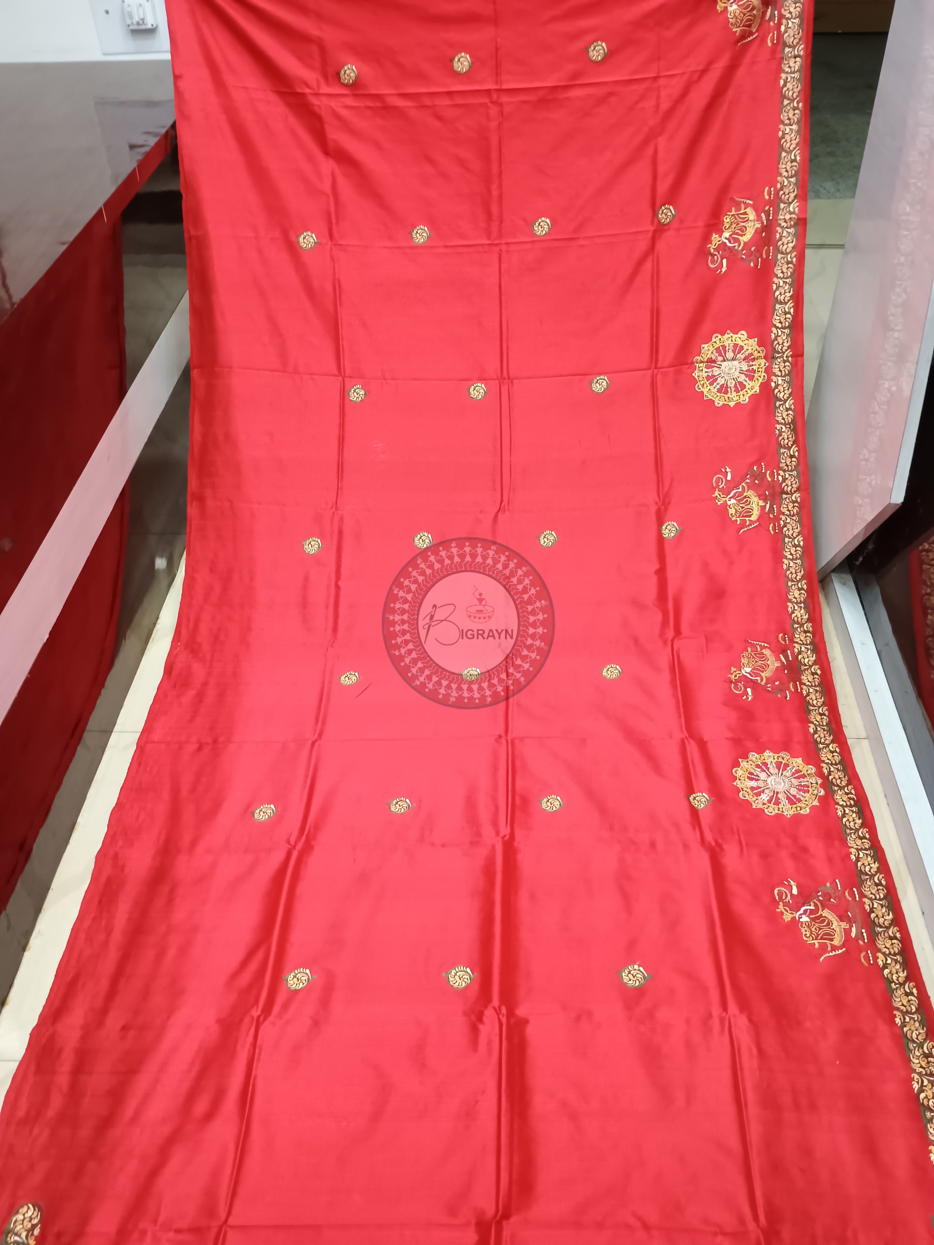 Red Konark Wheel Theme Pattachitra Silk Saree
