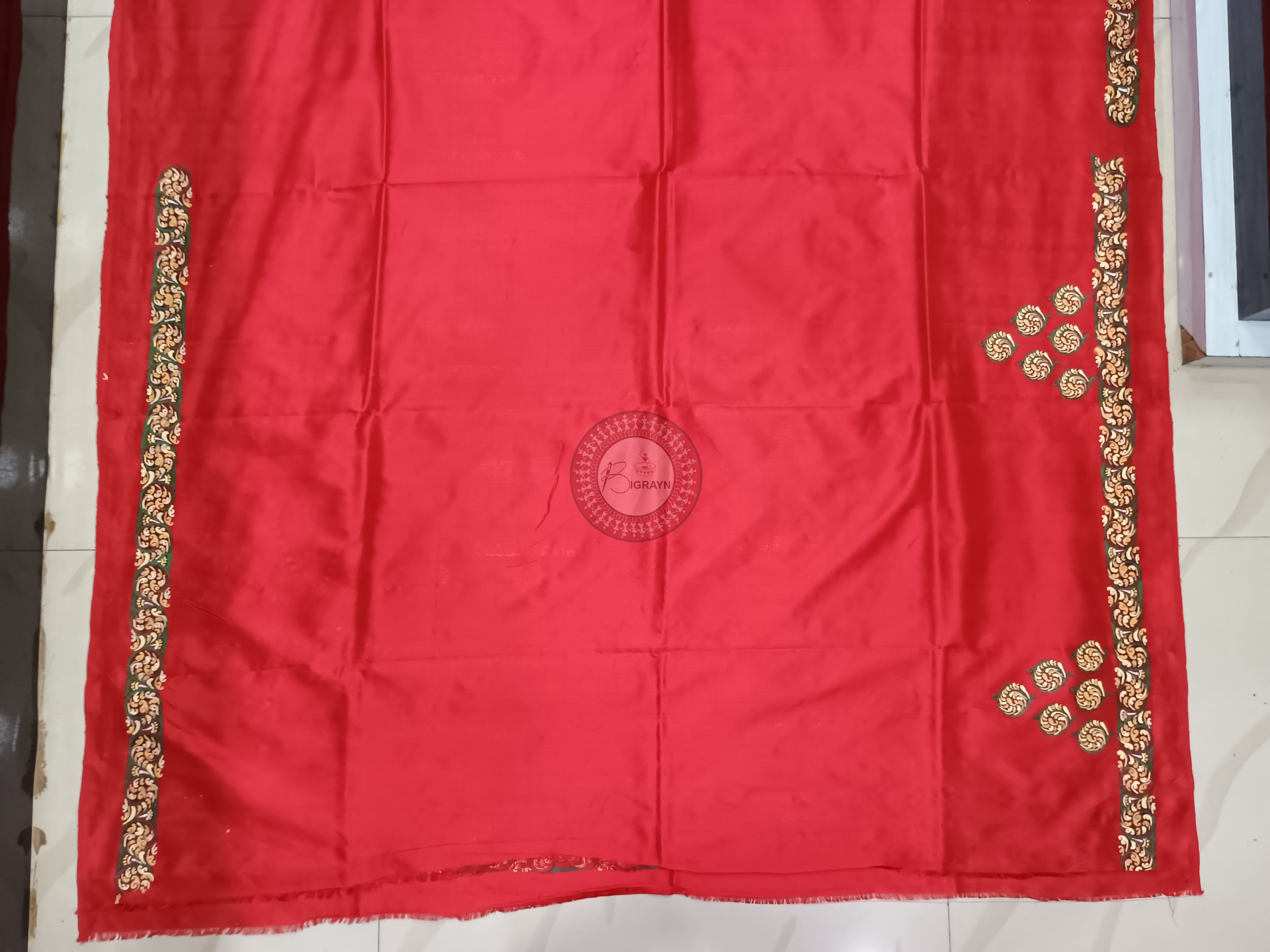 Red Konark Wheel Theme Pattachitra Silk Saree