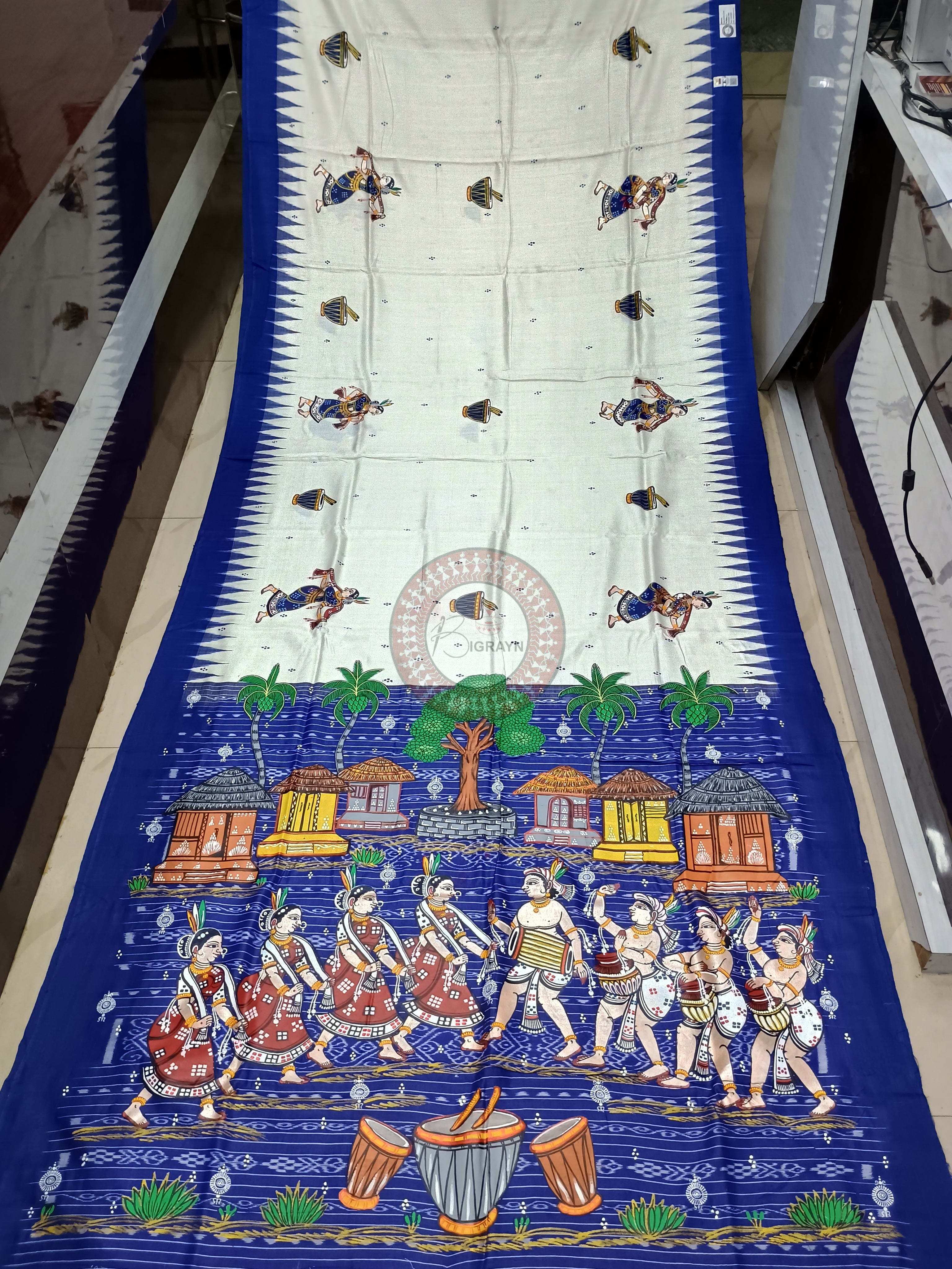 White Blue Chhau Dance Theme Pattachitra Tussar Silk Saree
