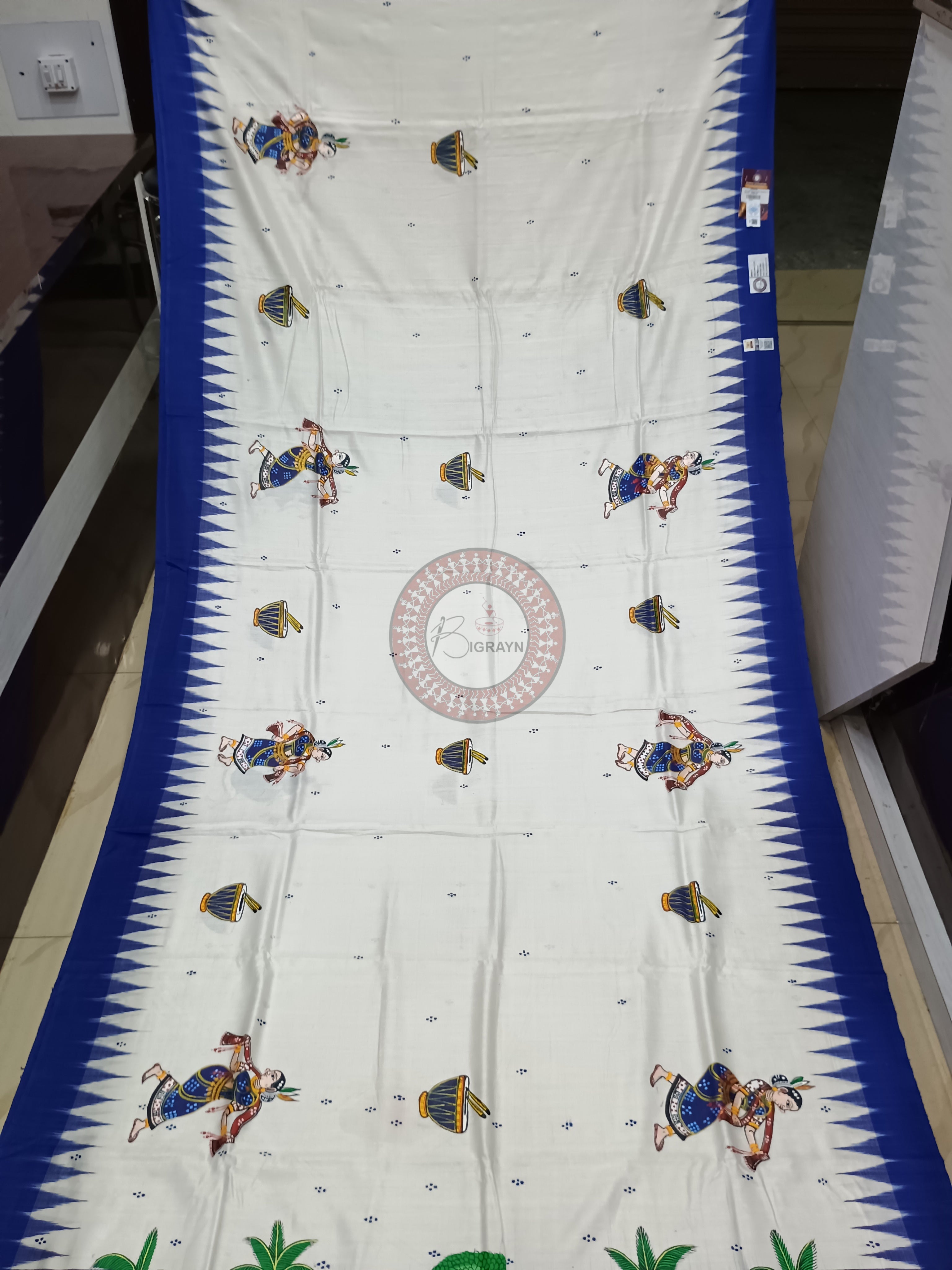 White Blue Chhau Dance Theme Pattachitra Tussar Silk Saree