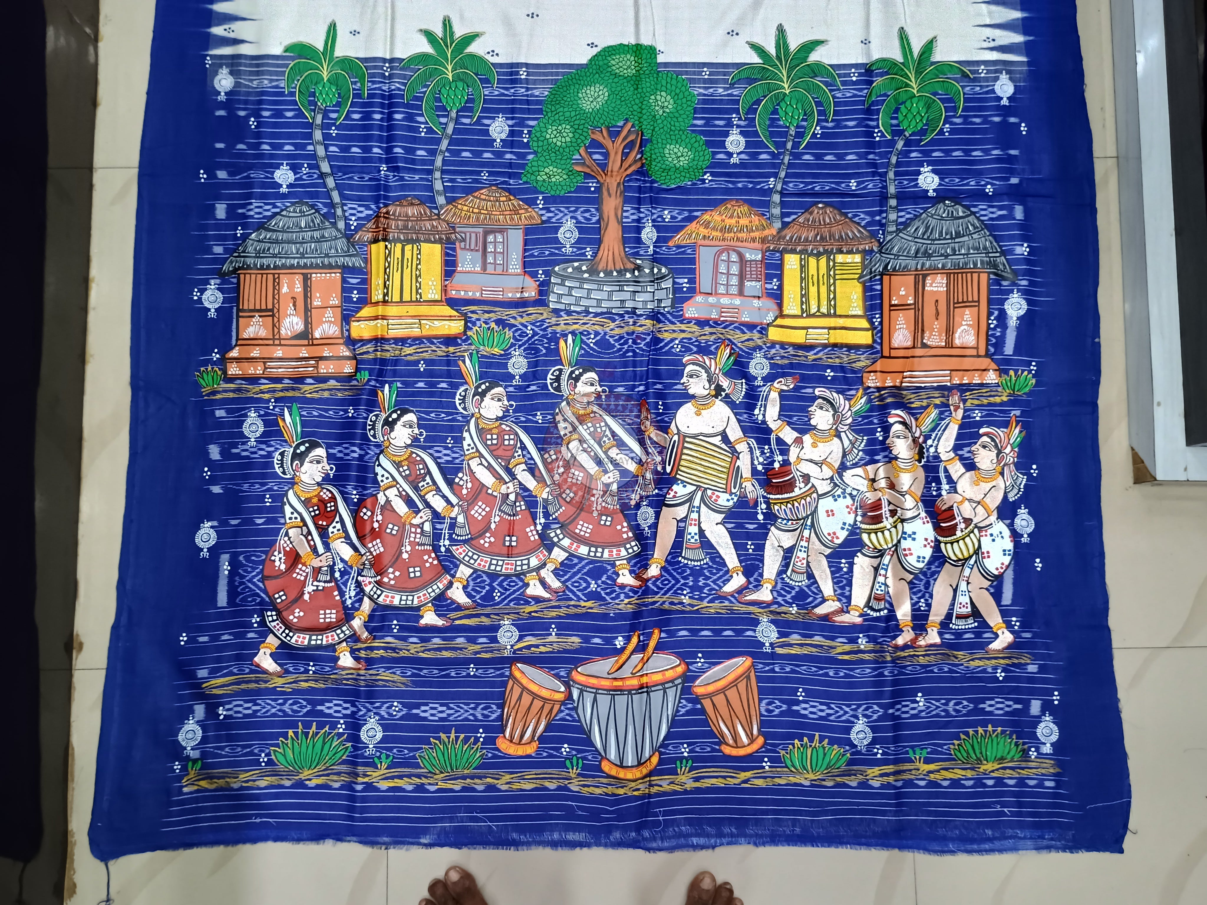White Blue Chhau Dance Theme Pattachitra Tussar Silk Saree