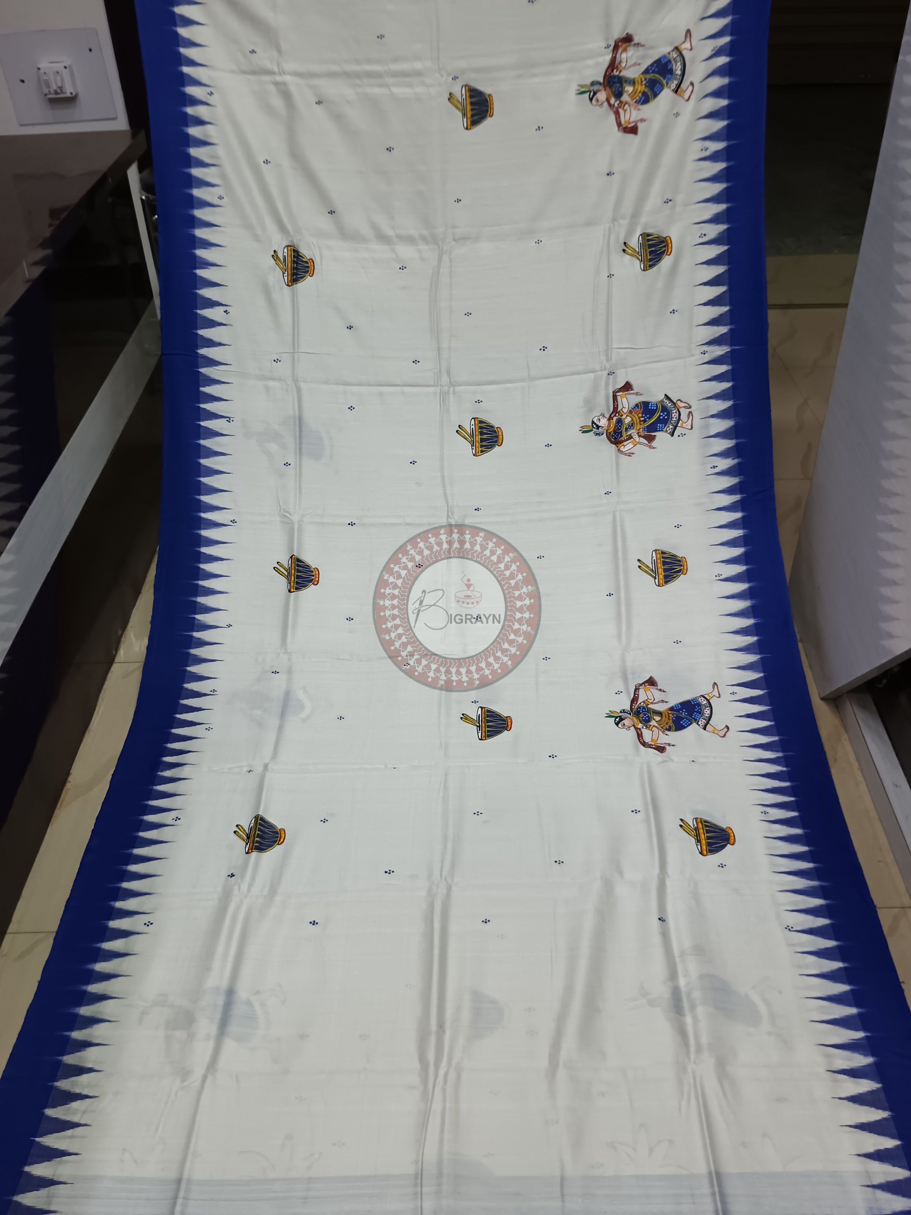 White Blue Chhau Dance Theme Pattachitra Tussar Silk Saree