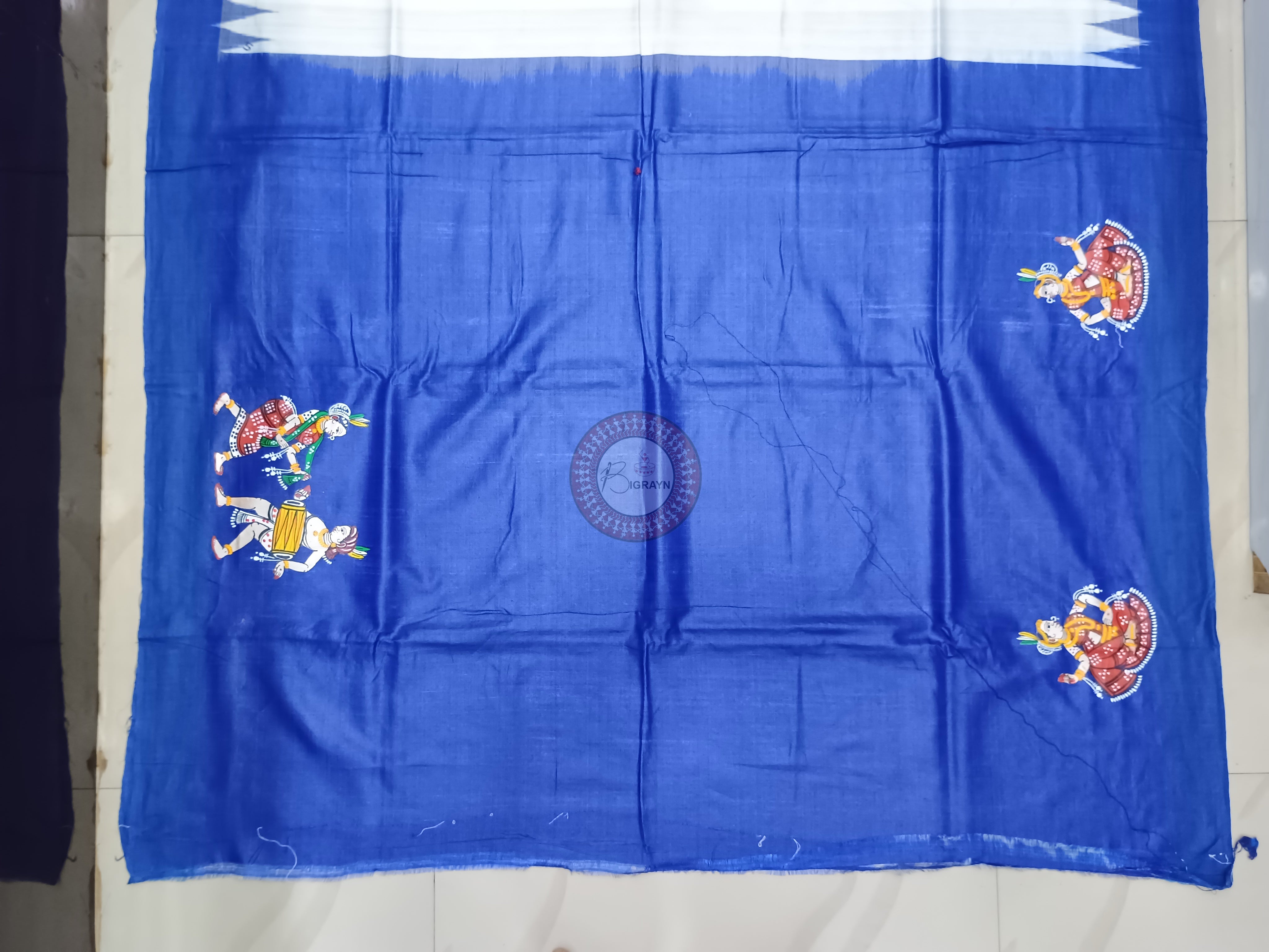 White Blue Chhau Dance Theme Pattachitra Tussar Silk Saree