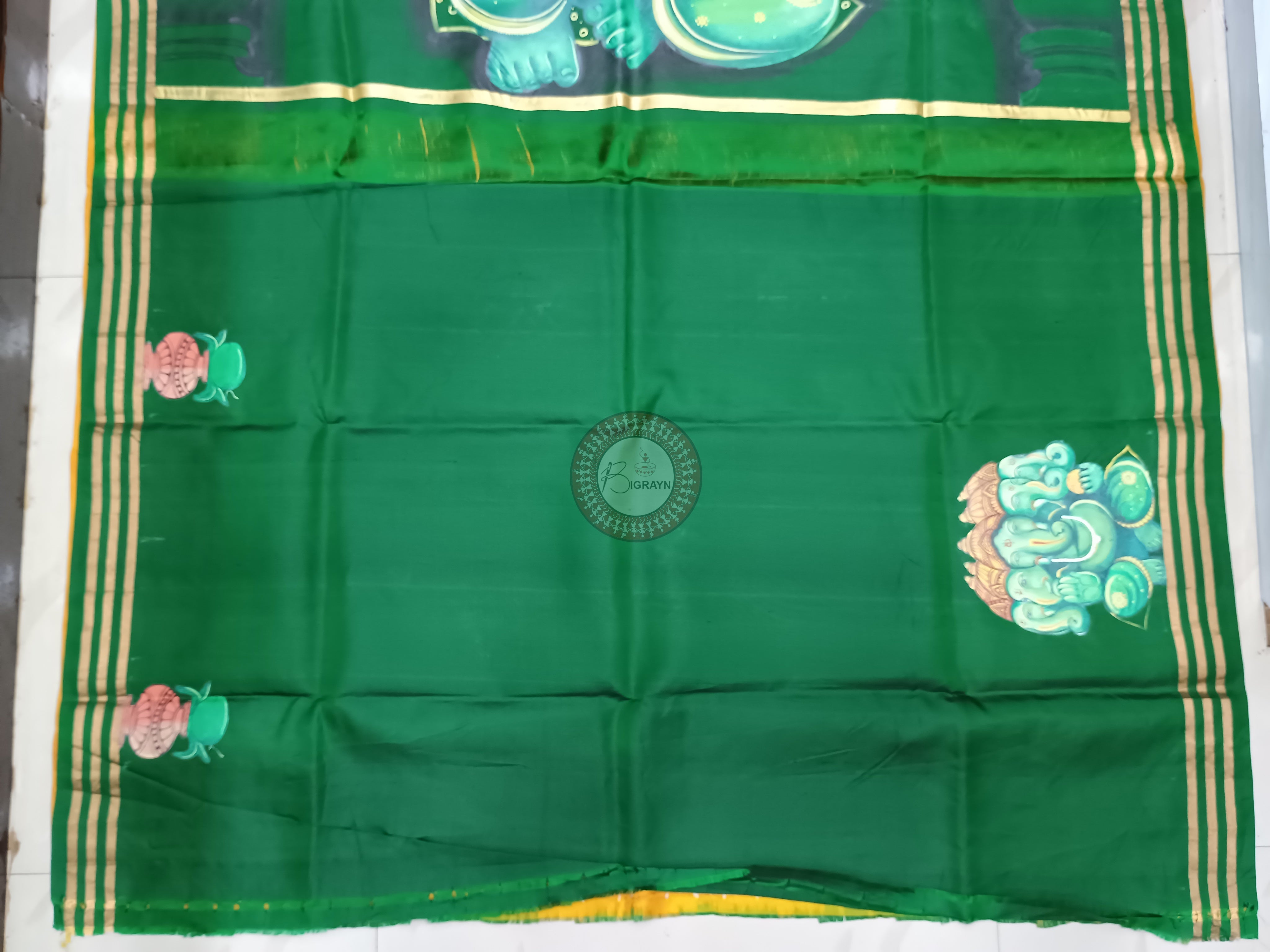 Yellow Green Pancha Mukhi Ganesh Theme Pattachitra Kanjeeveram Silk Saree