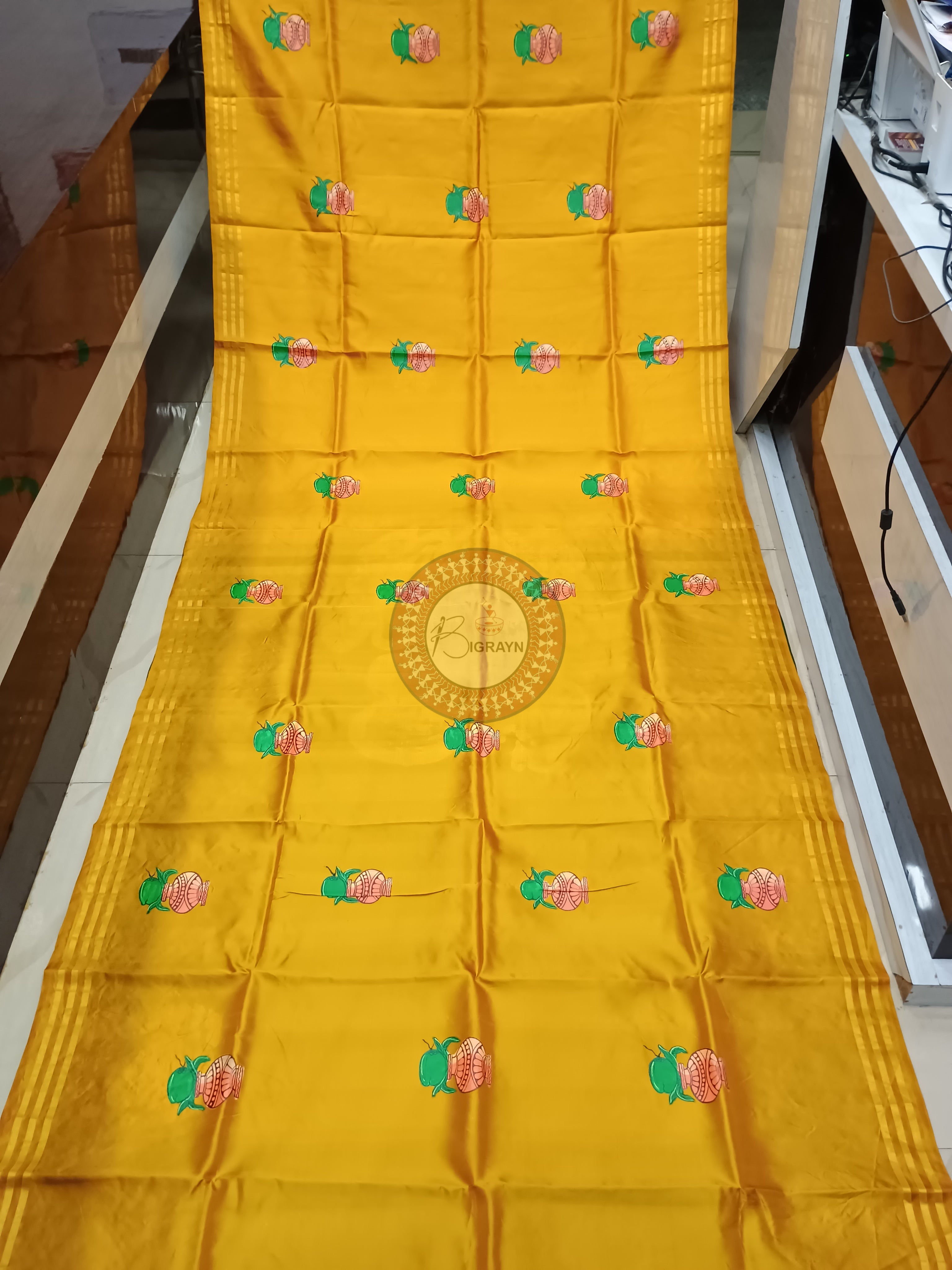 Yellow Green Pancha Mukhi Ganesh Theme Pattachitra Kanjeeveram Silk Saree