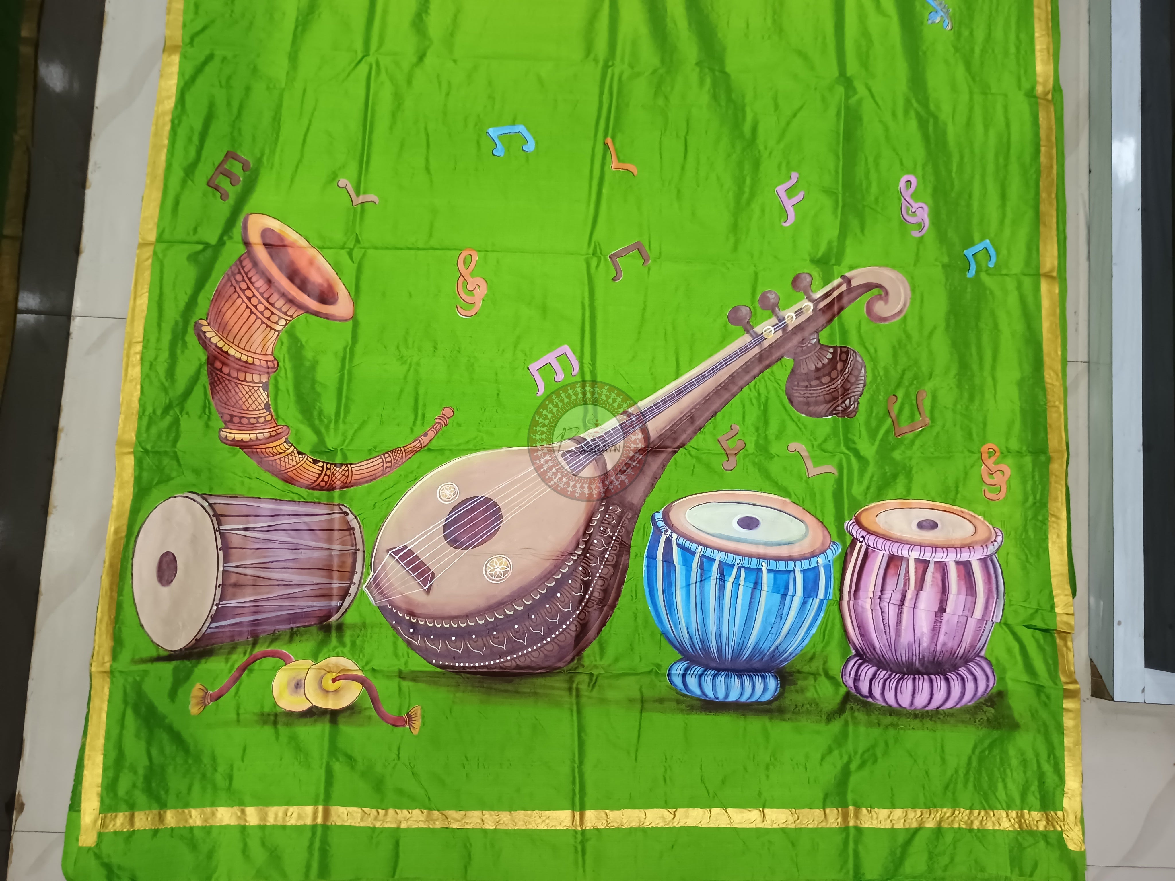 Parrot Green Musical Instruments Mordern Art Theme Pattachitra Silk Saree