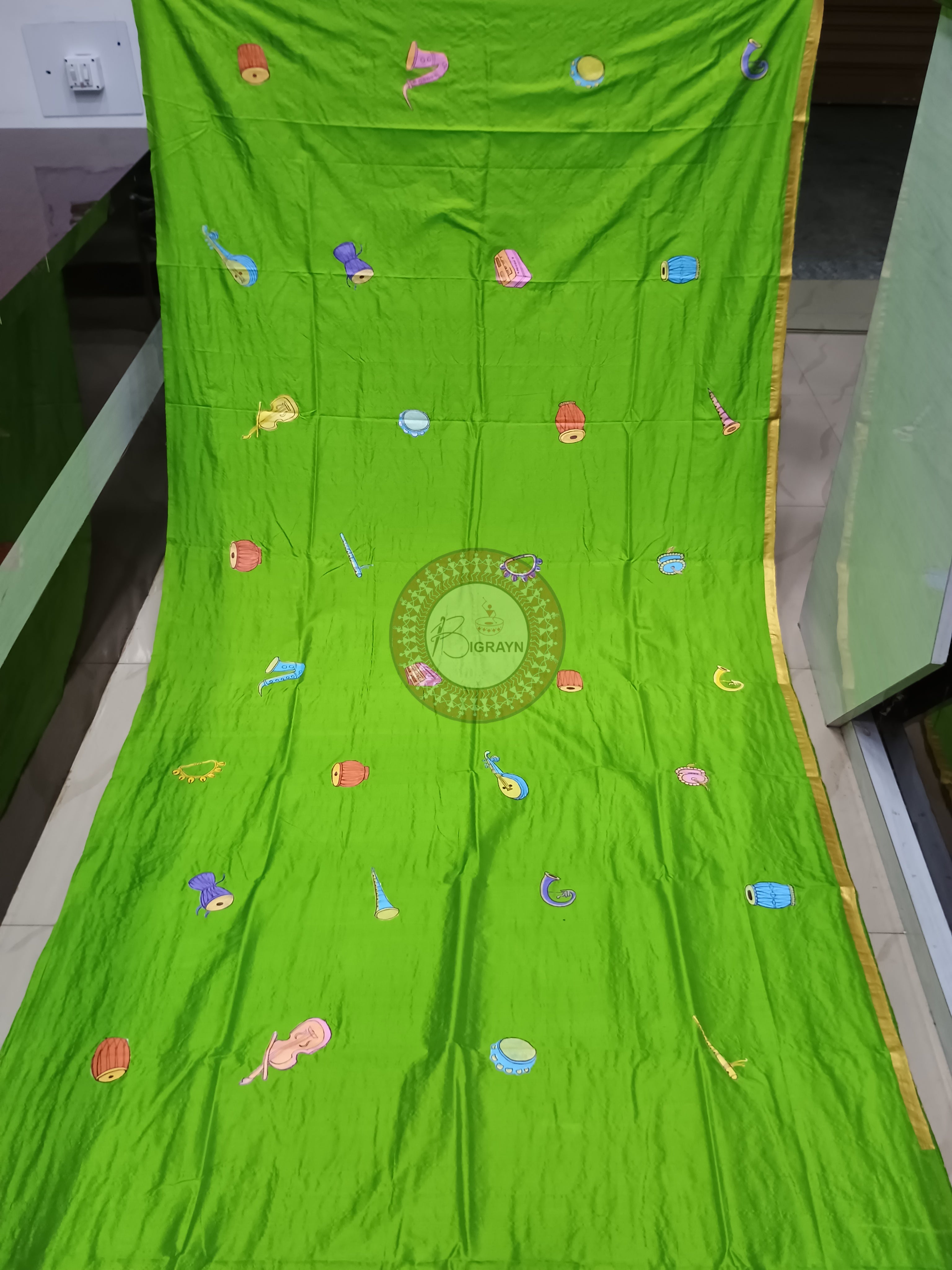 Parrot Green Musical Instruments Mordern Art Theme Pattachitra Silk Saree