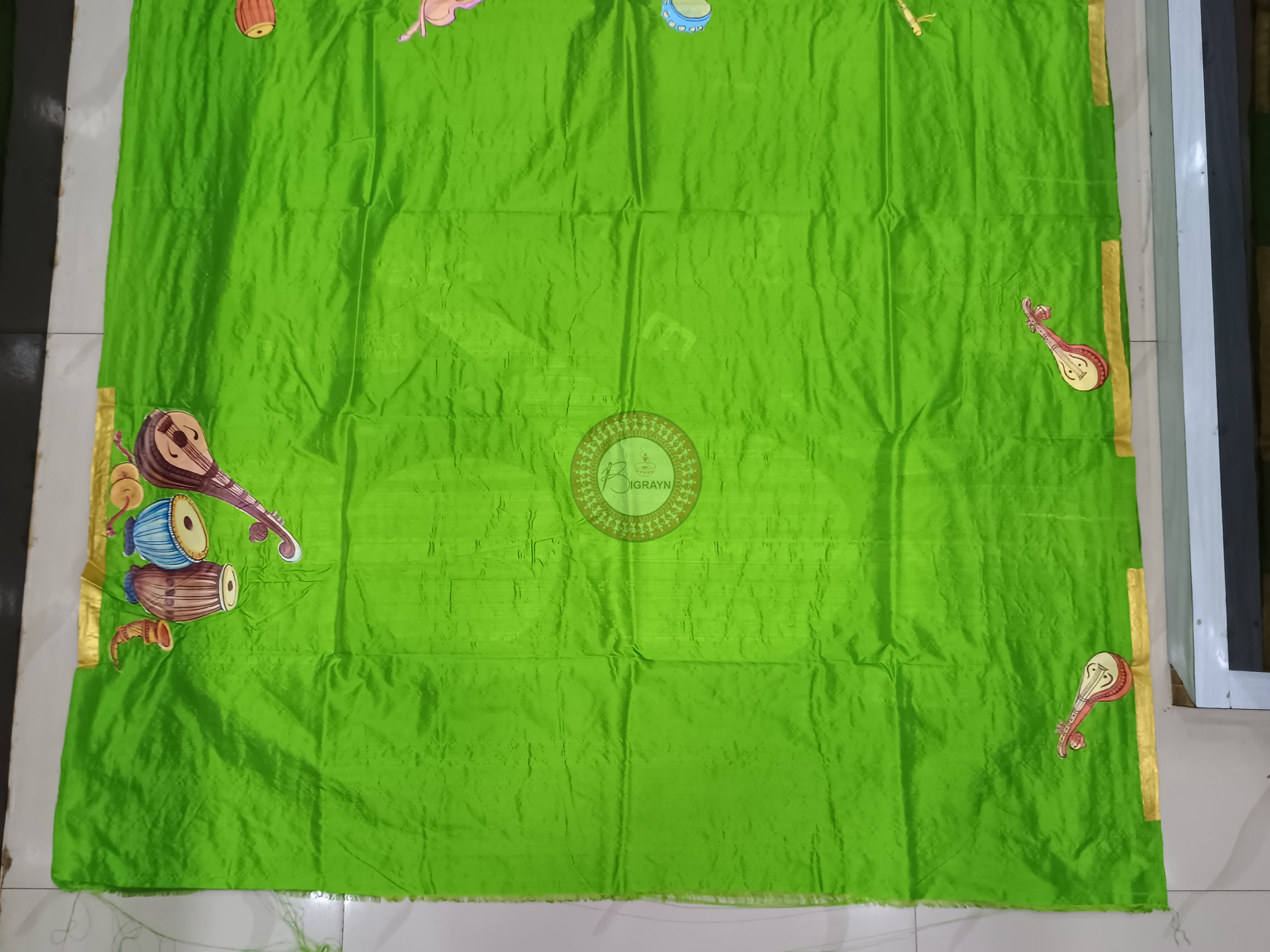 Parrot Green Musical Instruments Mordern Art Theme Pattachitra Silk Saree
