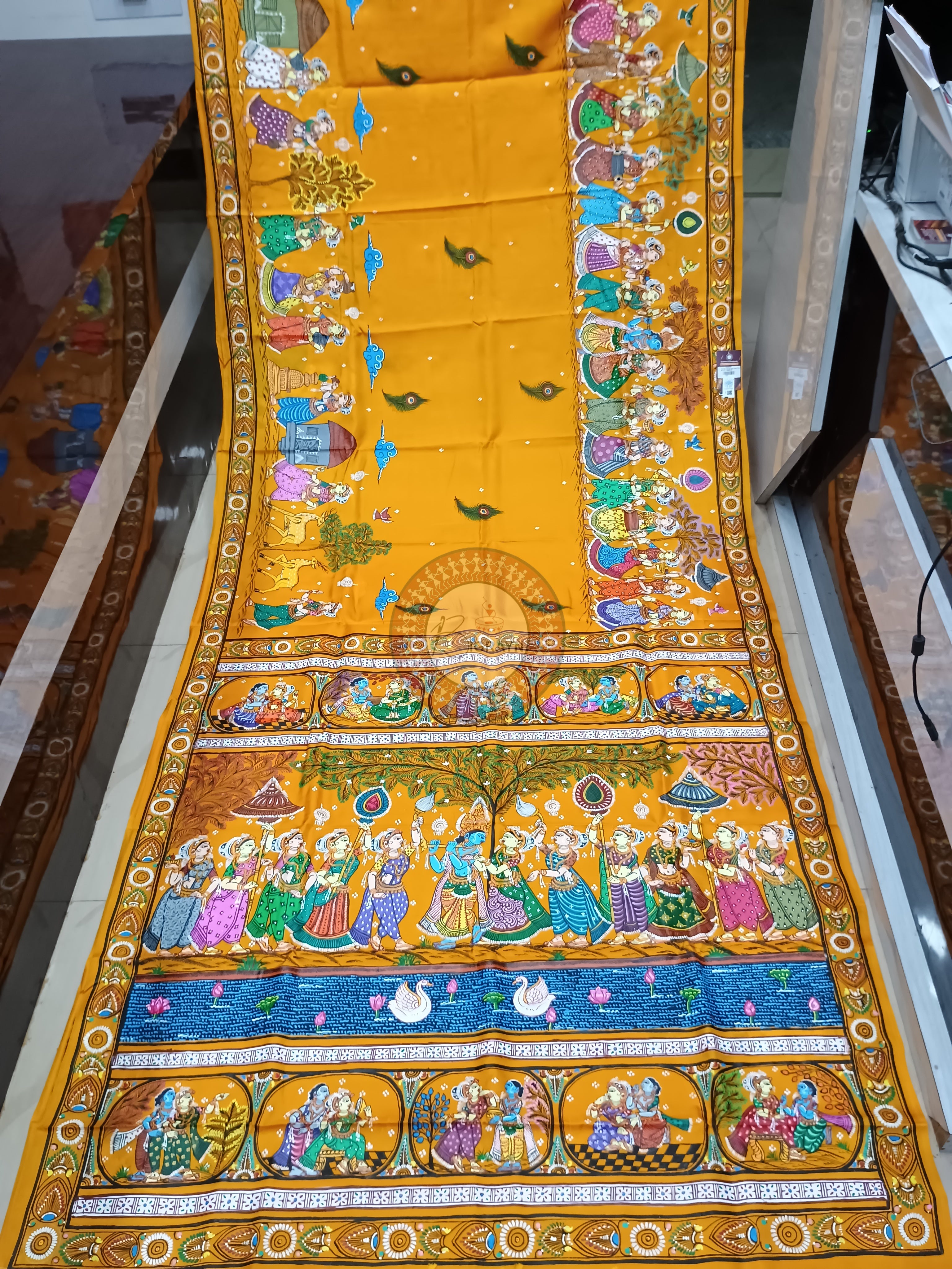 Yellow Radha Krishna Rasa Theme Pattachitra Kanjeeveram Silk Saree