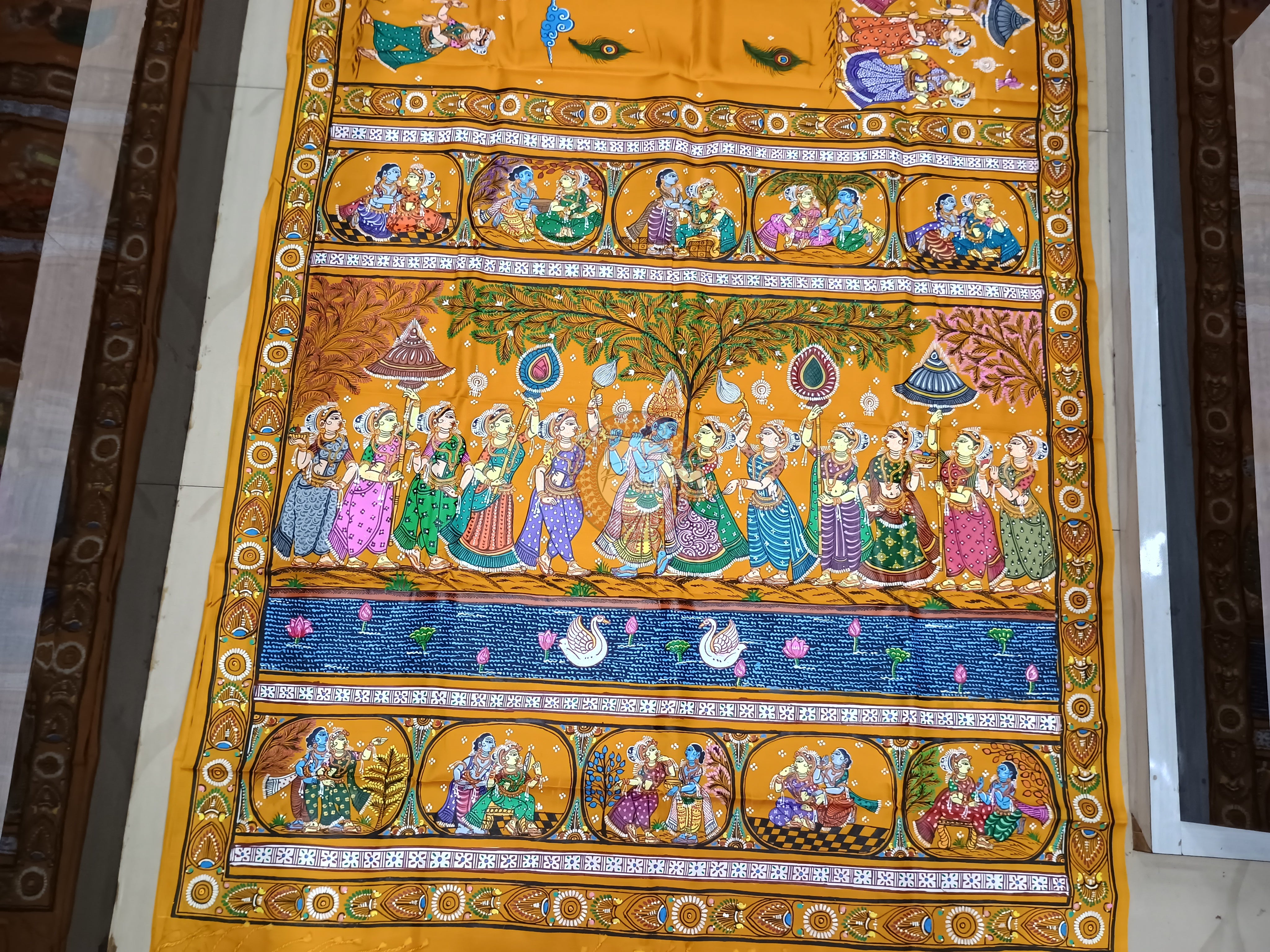 Yellow Radha Krishna Rasa Theme Pattachitra Kanjeeveram Silk Saree