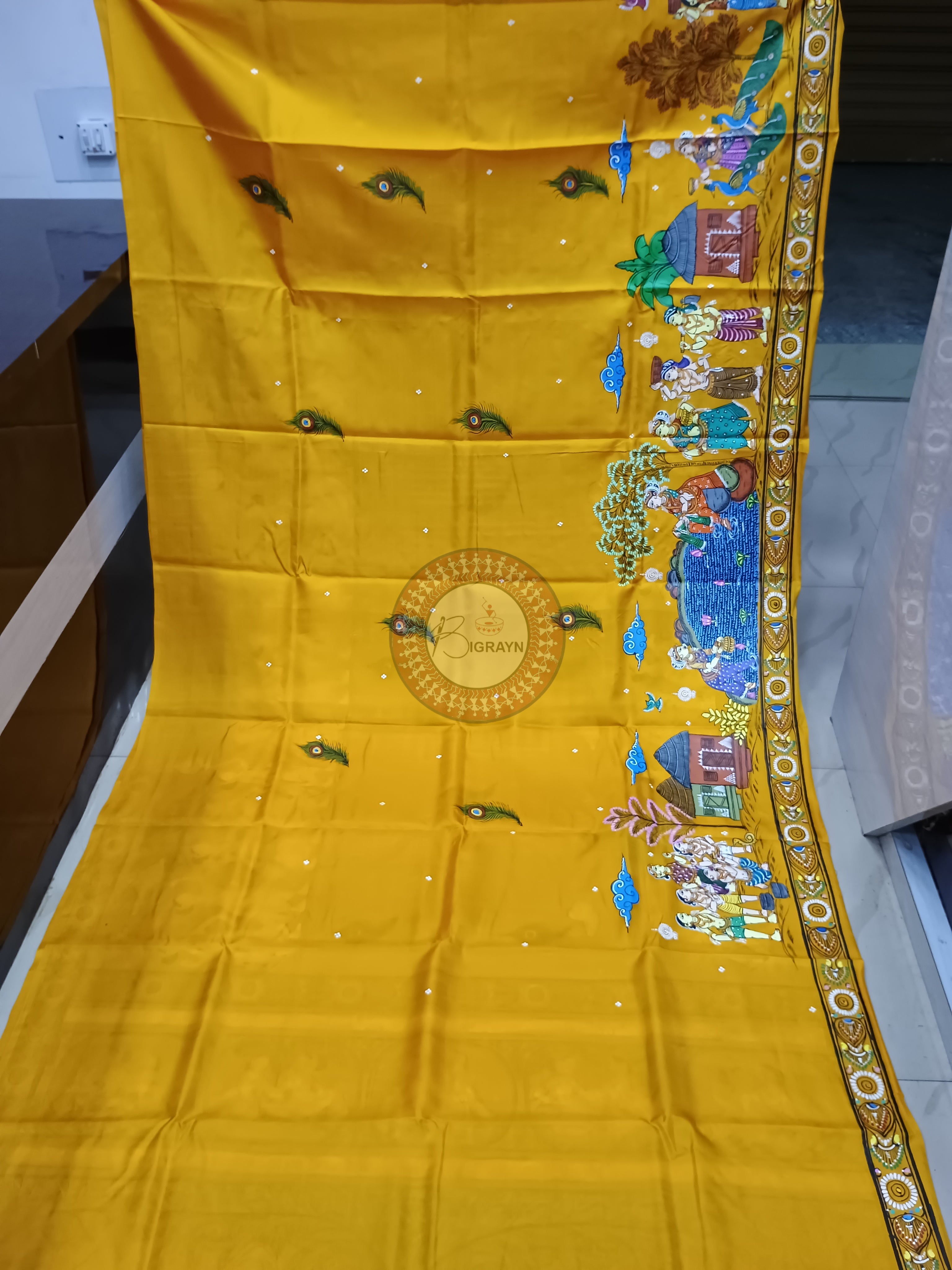 Yellow Radha Krishna Rasa Theme Pattachitra Kanjeeveram Silk Saree