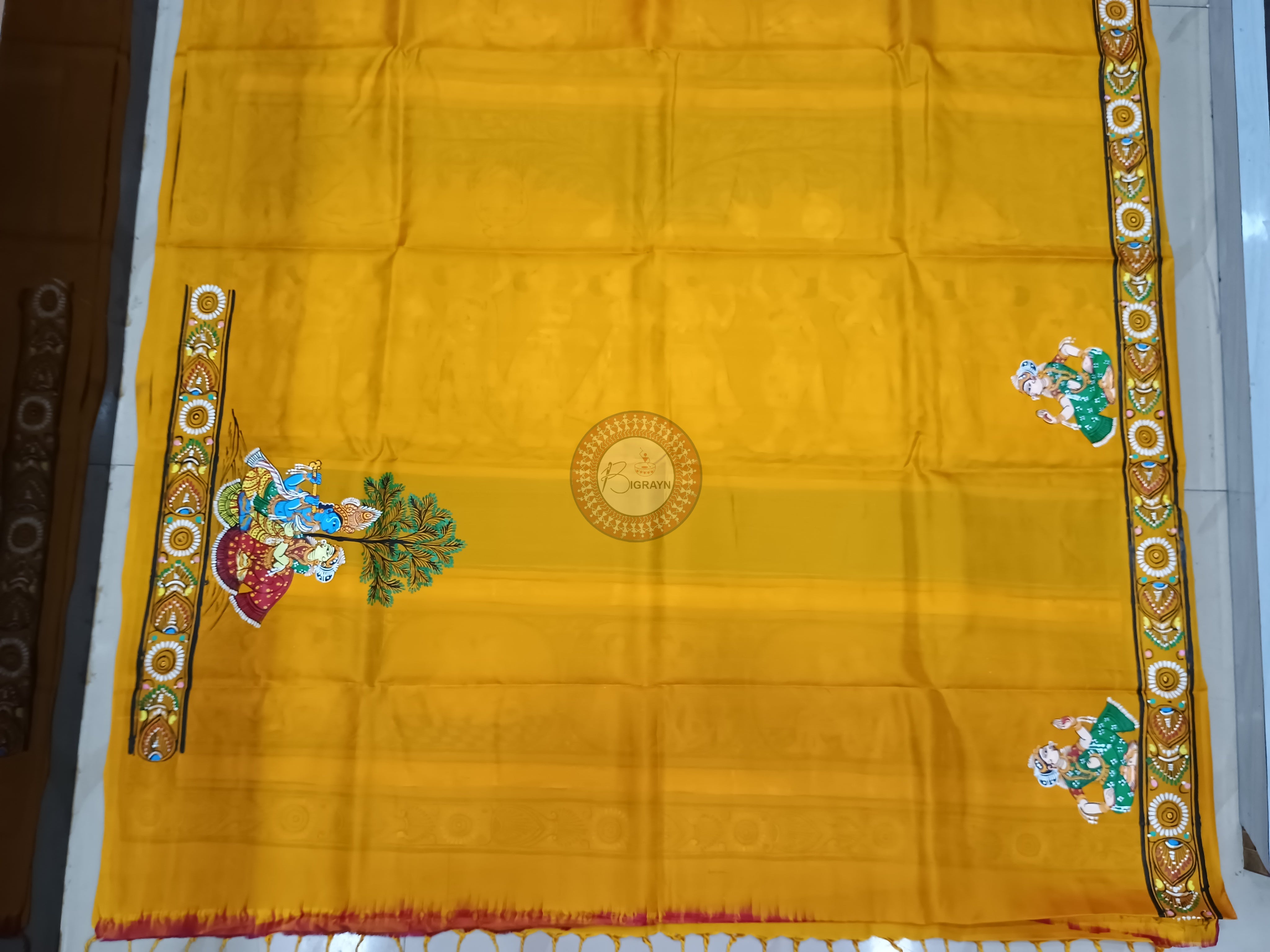 Yellow Radha Krishna Rasa Theme Pattachitra Kanjeeveram Silk Saree