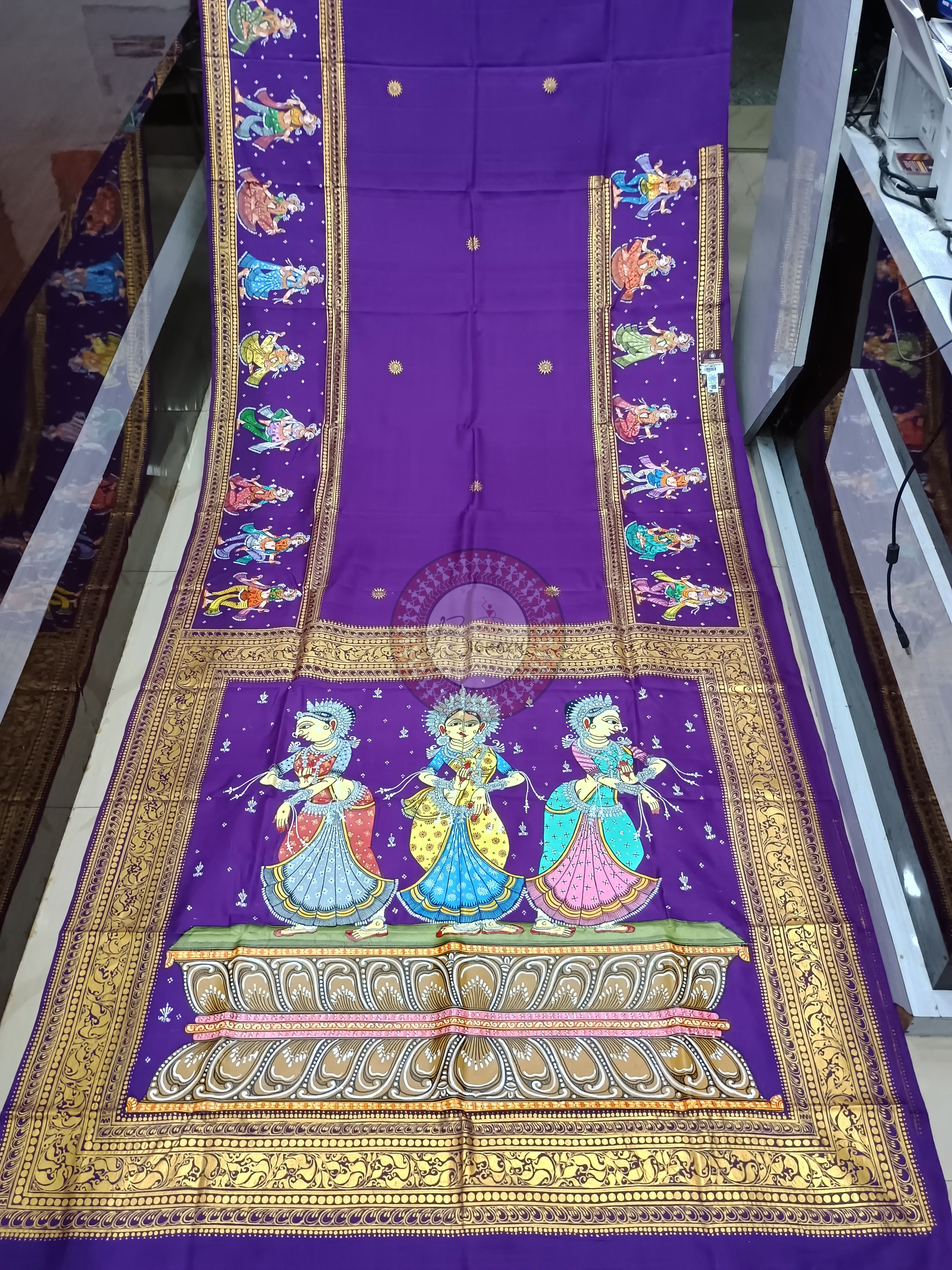 Purple Odishi Dancer Theme Pattachitra Kanjeeveram Silk Saree