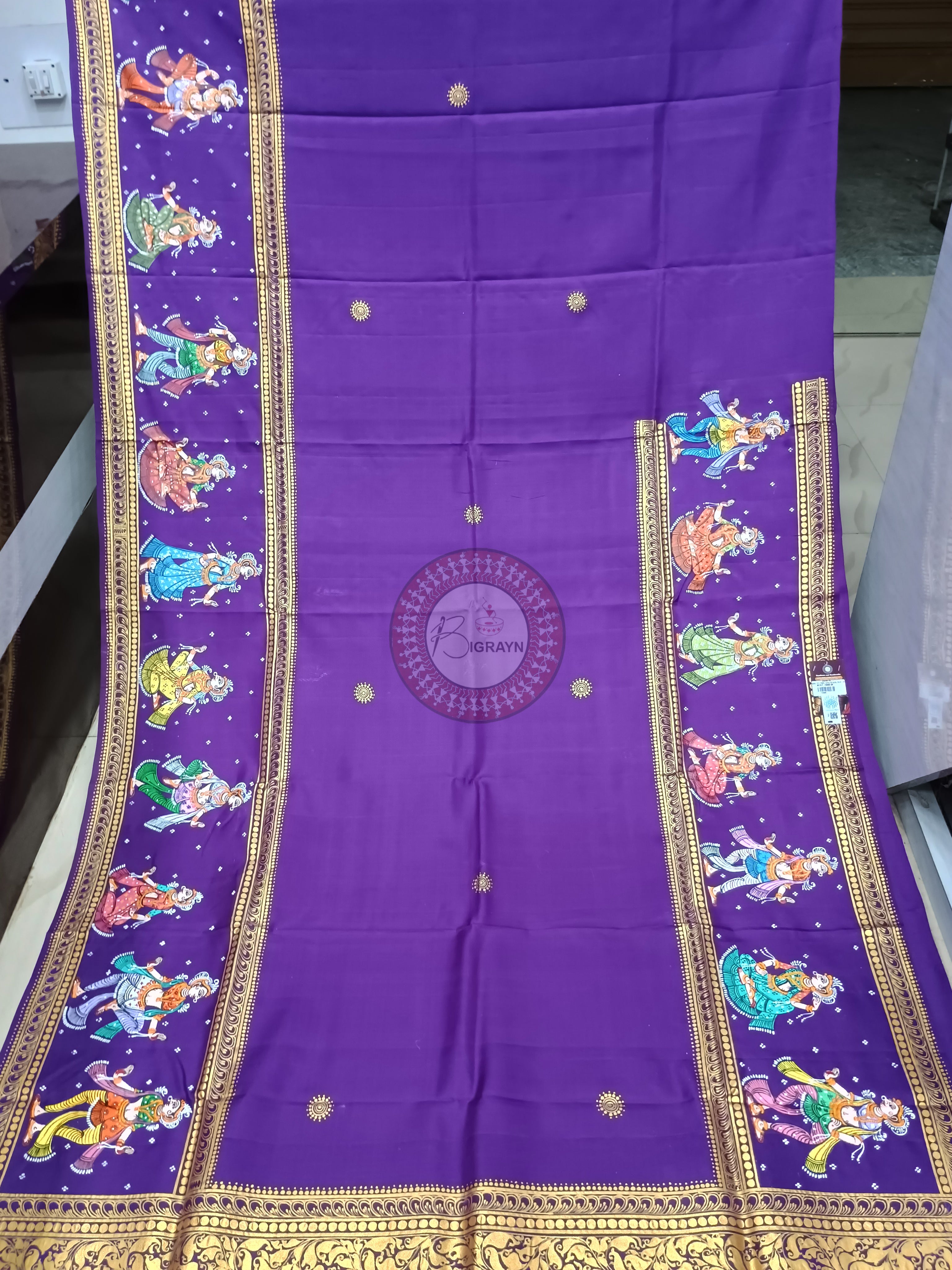 Purple Odishi Dancer Theme Pattachitra Kanjeeveram Silk Saree