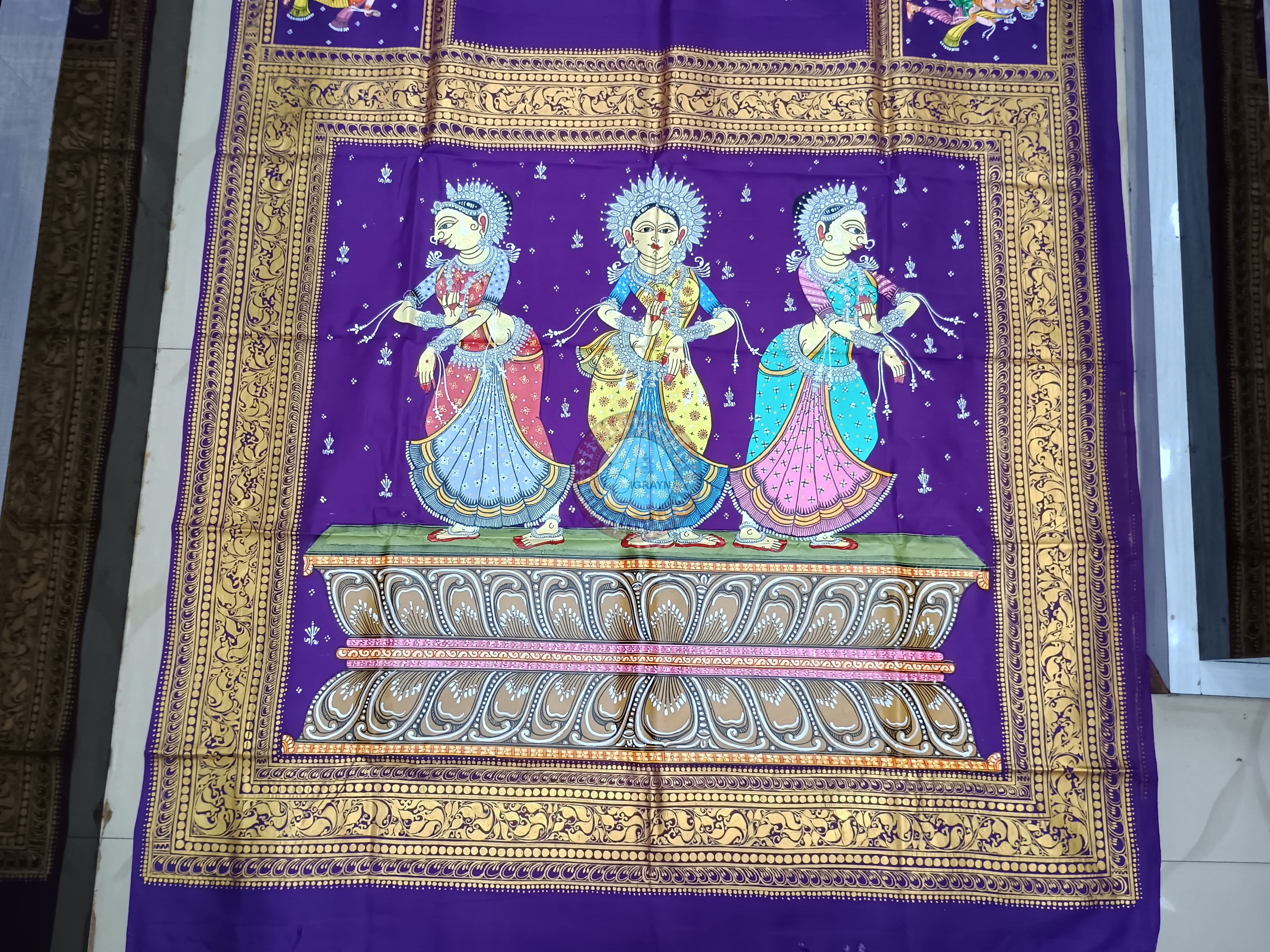 Purple Odishi Dancer Theme Pattachitra Kanjeeveram Silk Saree