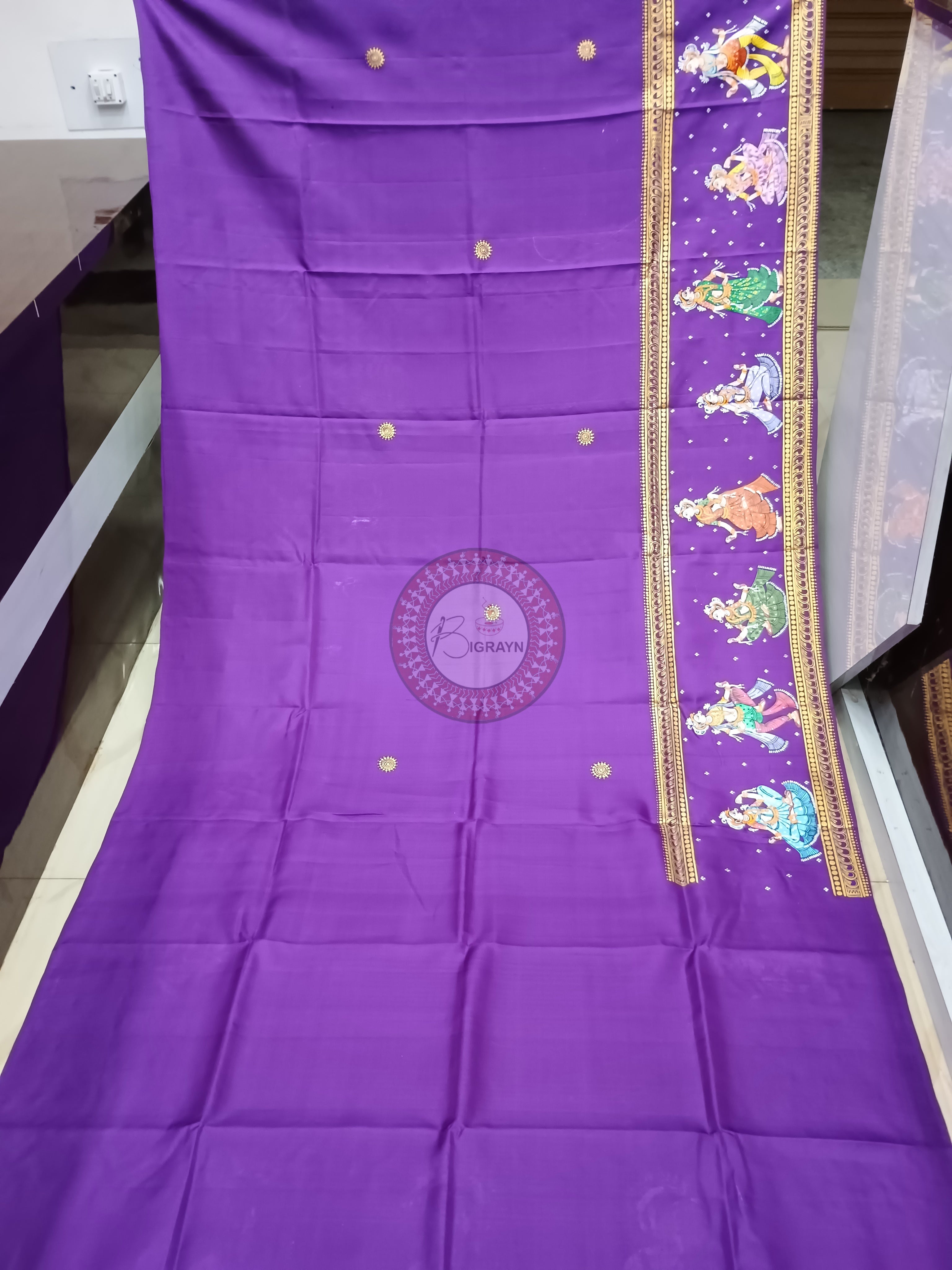 Purple Odishi Dancer Theme Pattachitra Kanjeeveram Silk Saree
