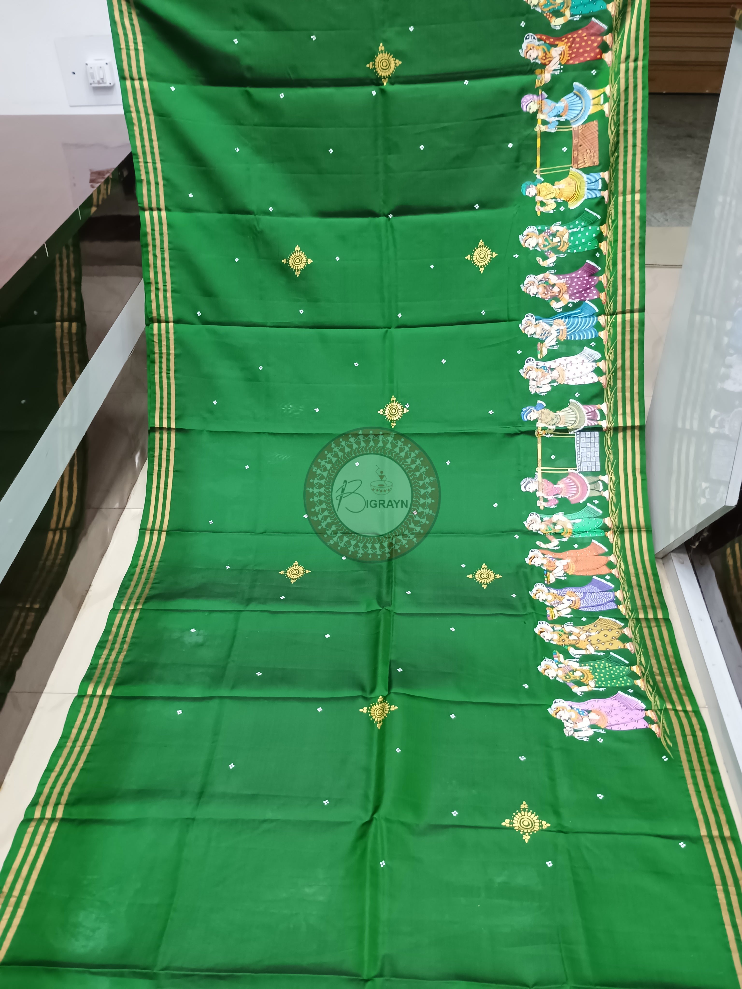 Green Boita Bandana Theme Pattachitra Kanjeeveram Silk Saree