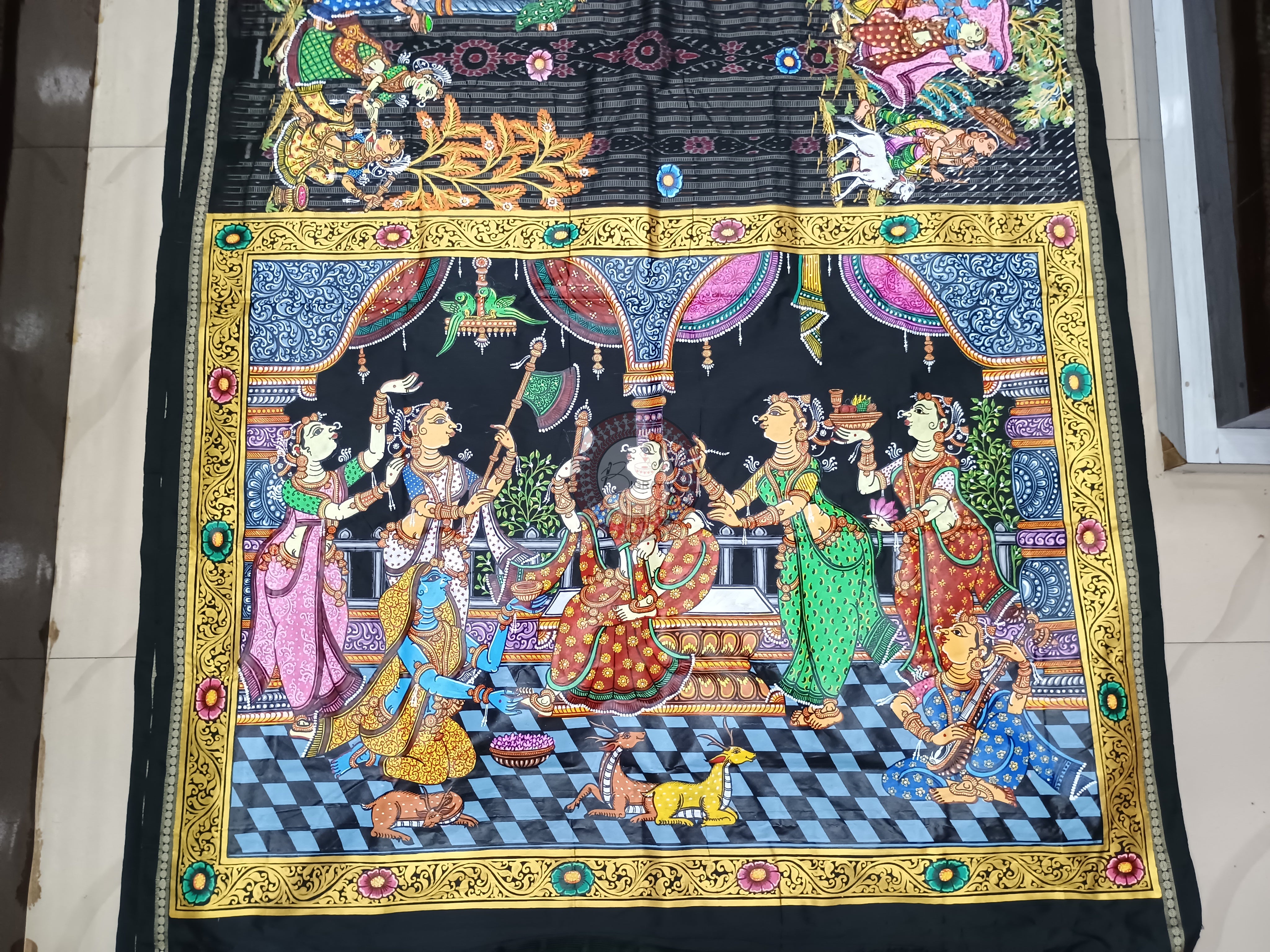 Green Black 6 Season Theme Pattachitra Silk Saree