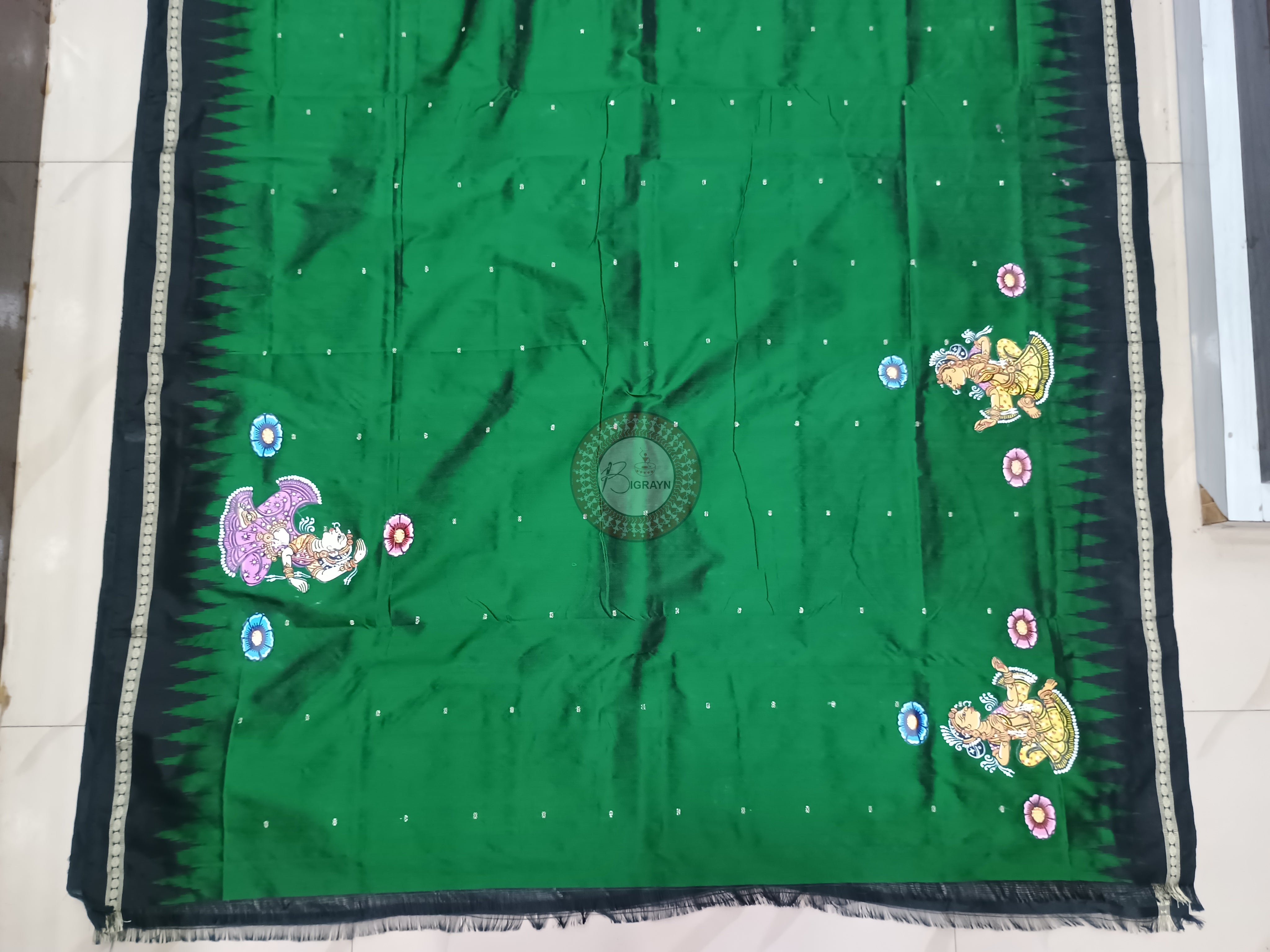 Green Black 6 Season Theme Pattachitra Silk Saree