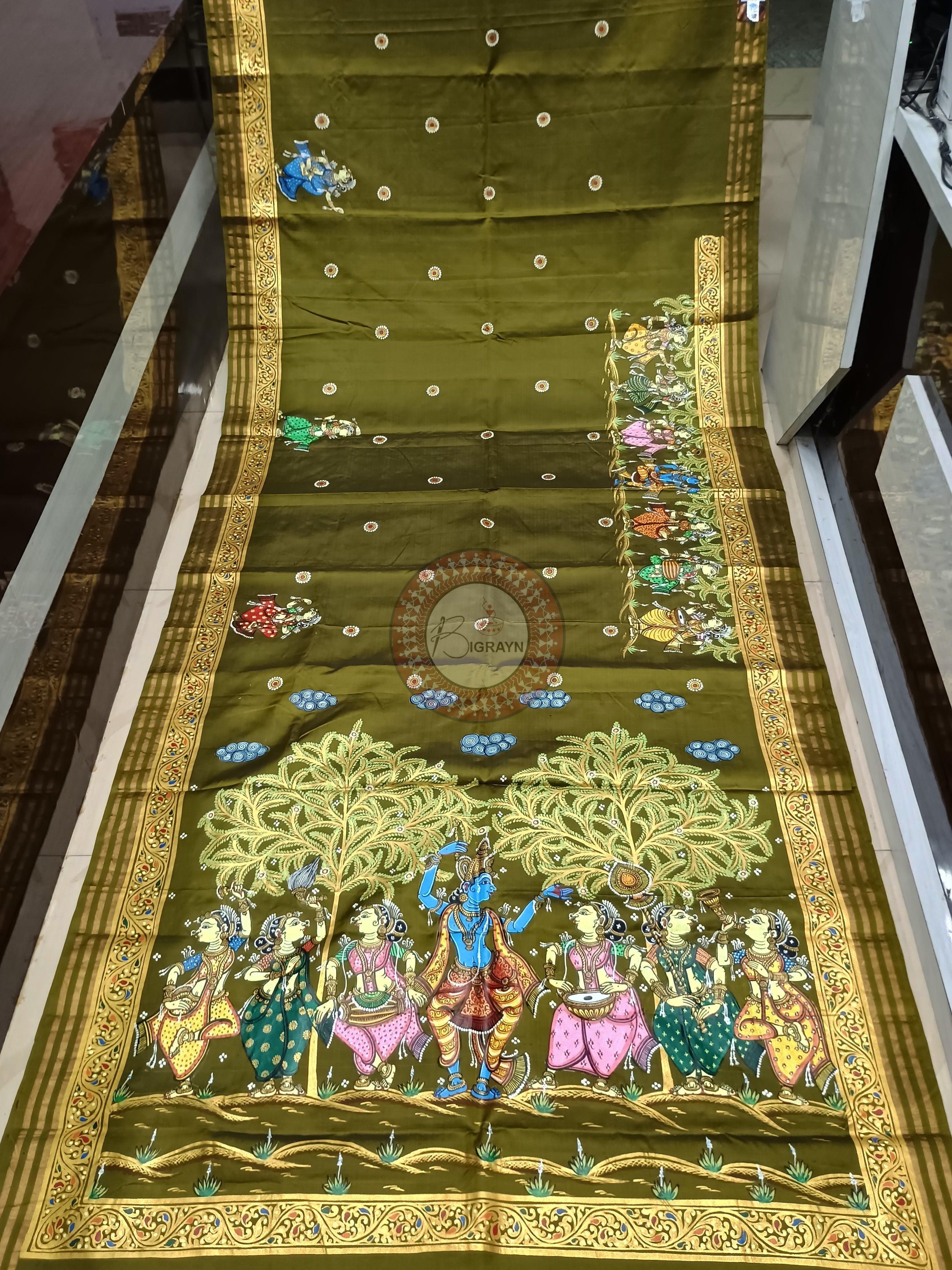 Mehendi Krishna Rasa Theme Pattachitra Kanjeeveram Silk Saree