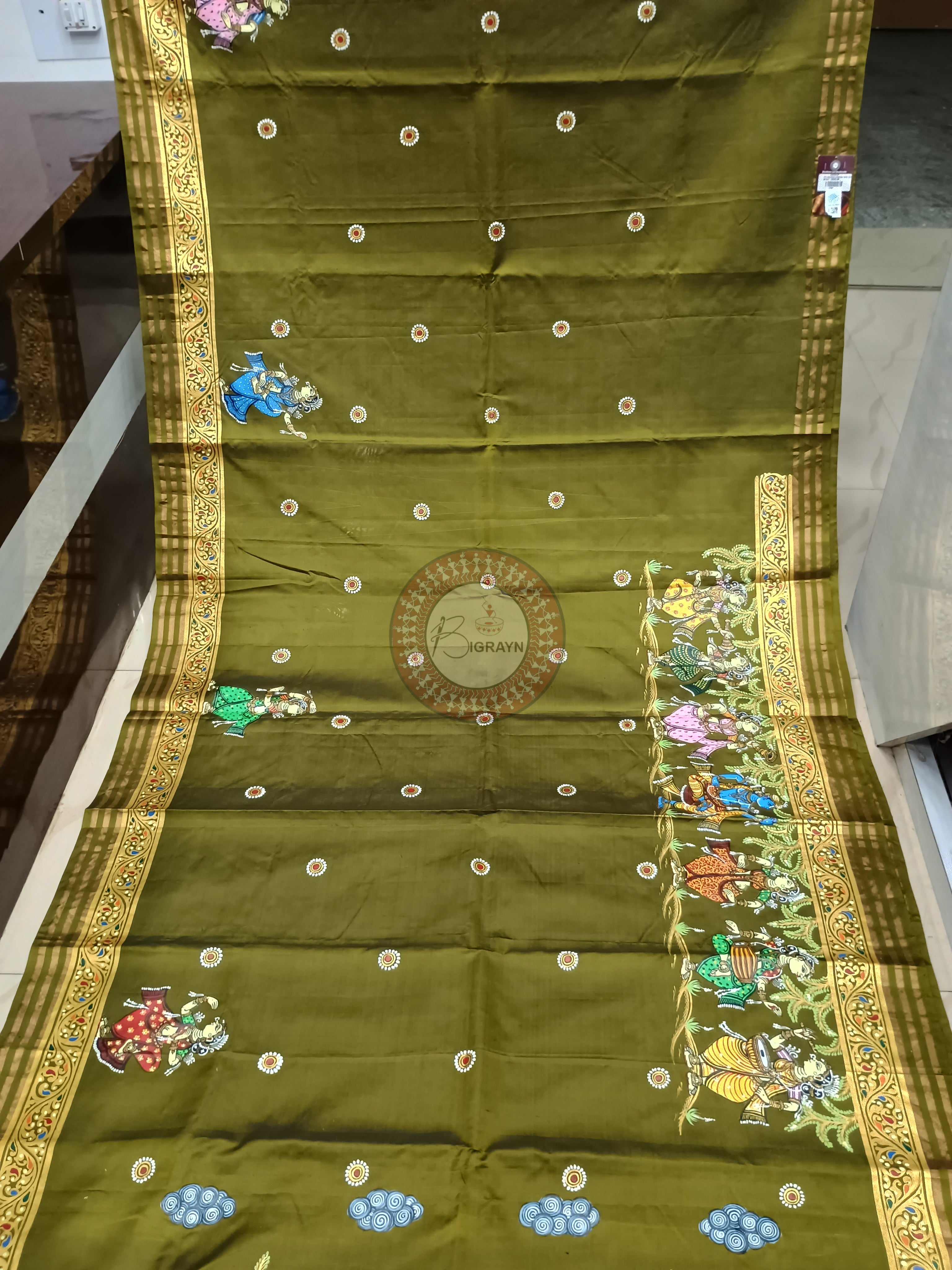 Mehendi Krishna Rasa Theme Pattachitra Kanjeeveram Silk Saree