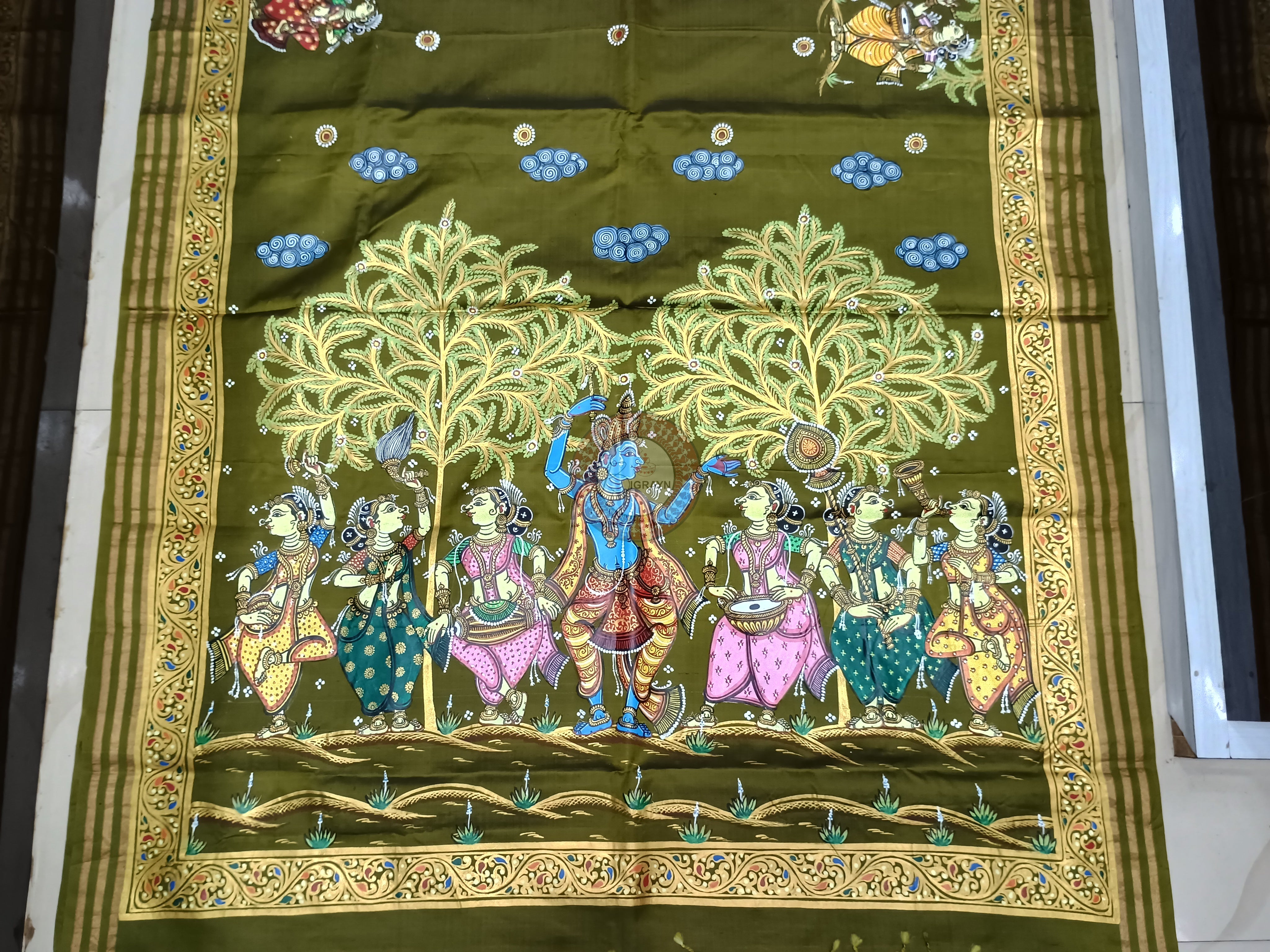 Mehendi Krishna Rasa Theme Pattachitra Kanjeeveram Silk Saree