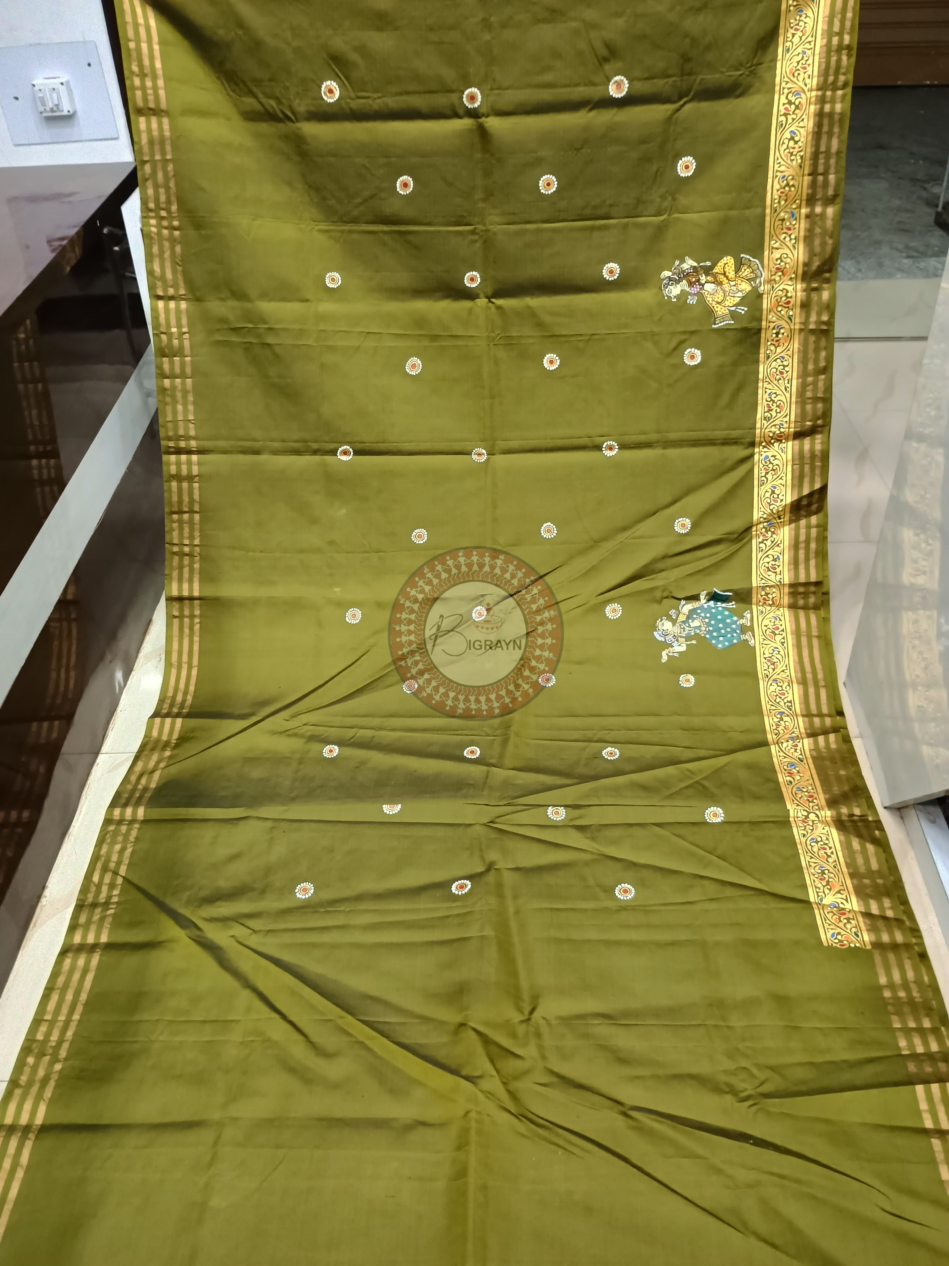 Mehendi Krishna Rasa Theme Pattachitra Kanjeeveram Silk Saree