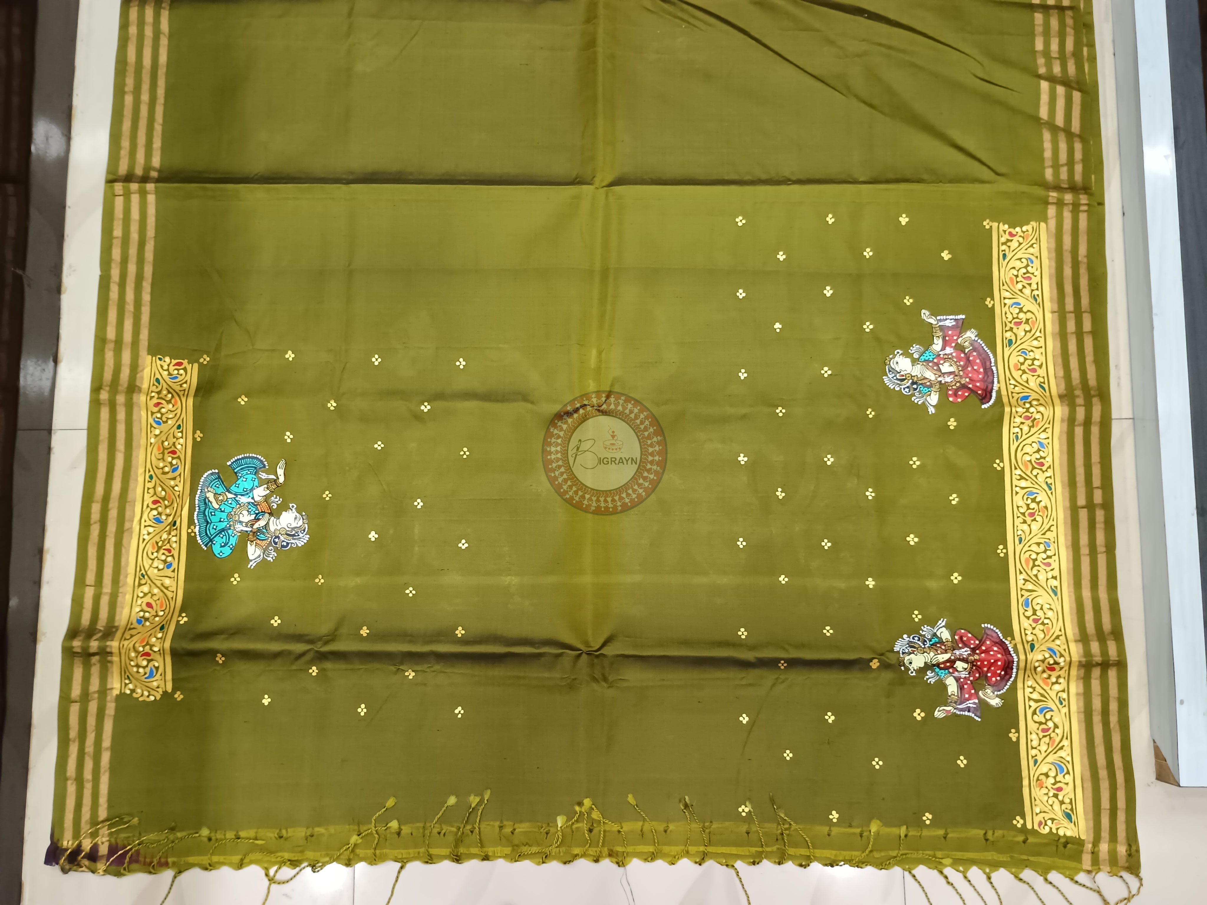 Mehendi Krishna Rasa Theme Pattachitra Kanjeeveram Silk Saree
