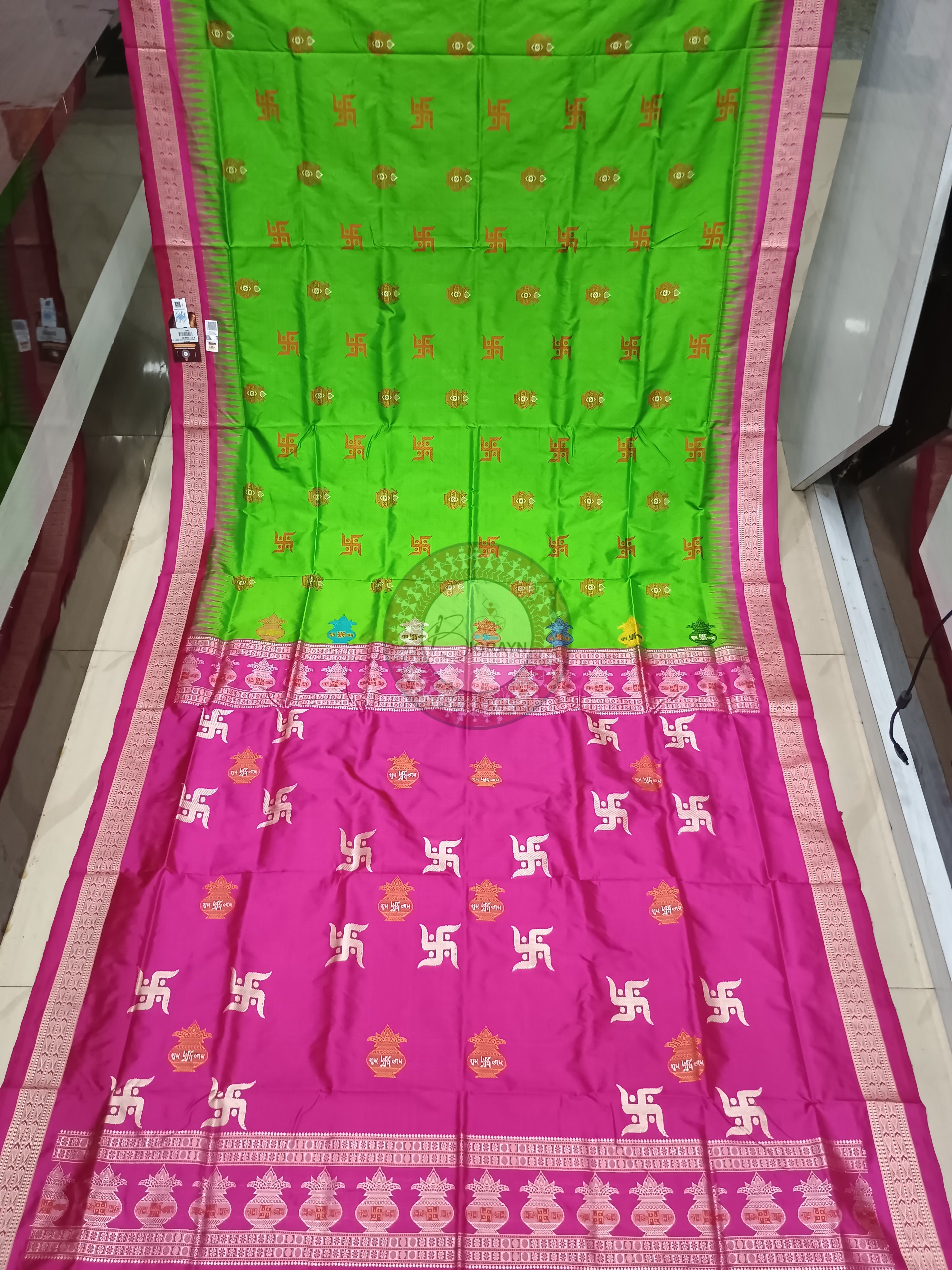 Parrot Green Magenta Swastik Kalash Silk Saree