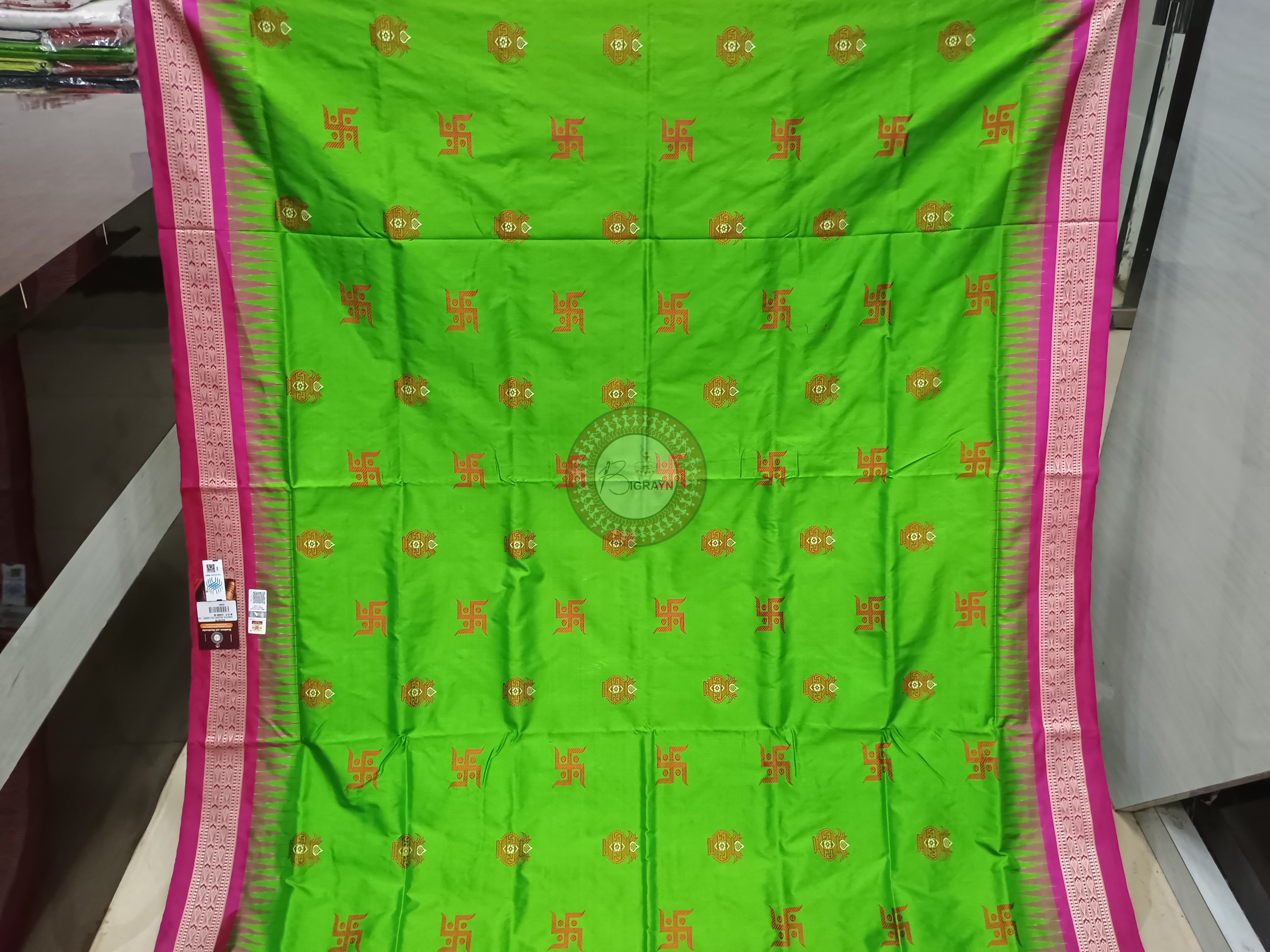 Parrot Green Magenta Swastik Kalash Silk Saree