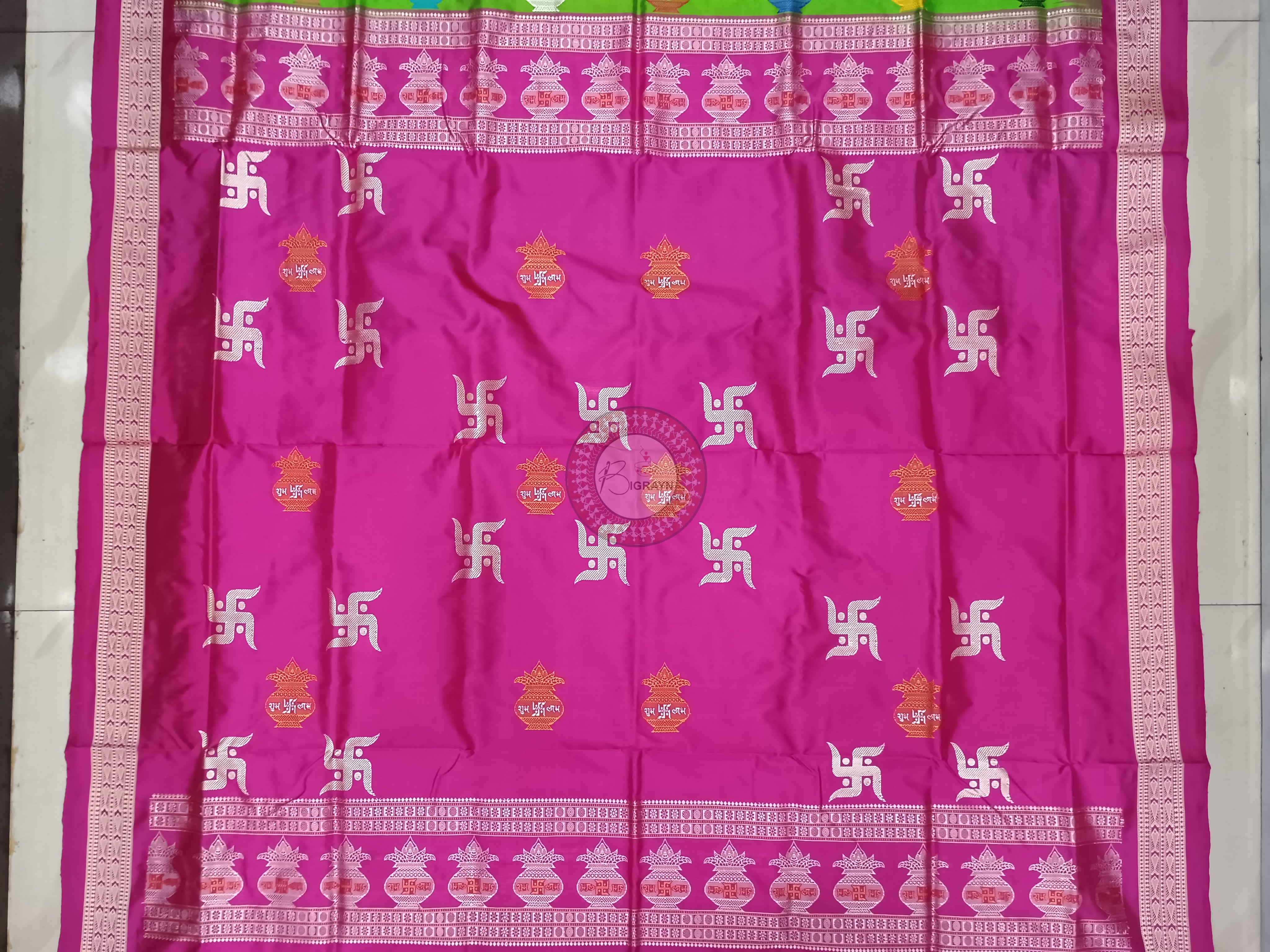 Parrot Green Magenta Swastik Kalash Silk Saree