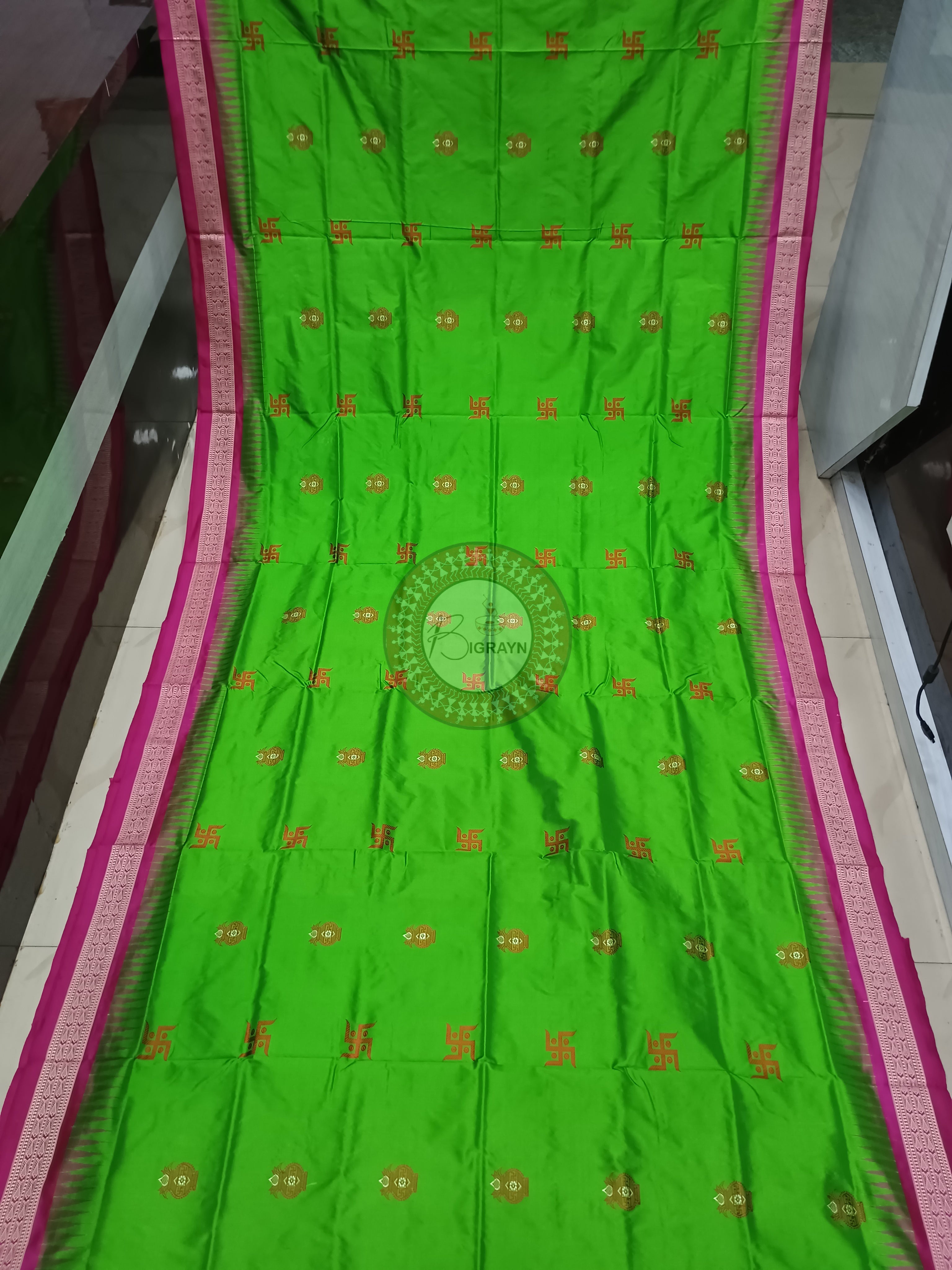 Parrot Green Magenta Swastik Kalash Silk Saree