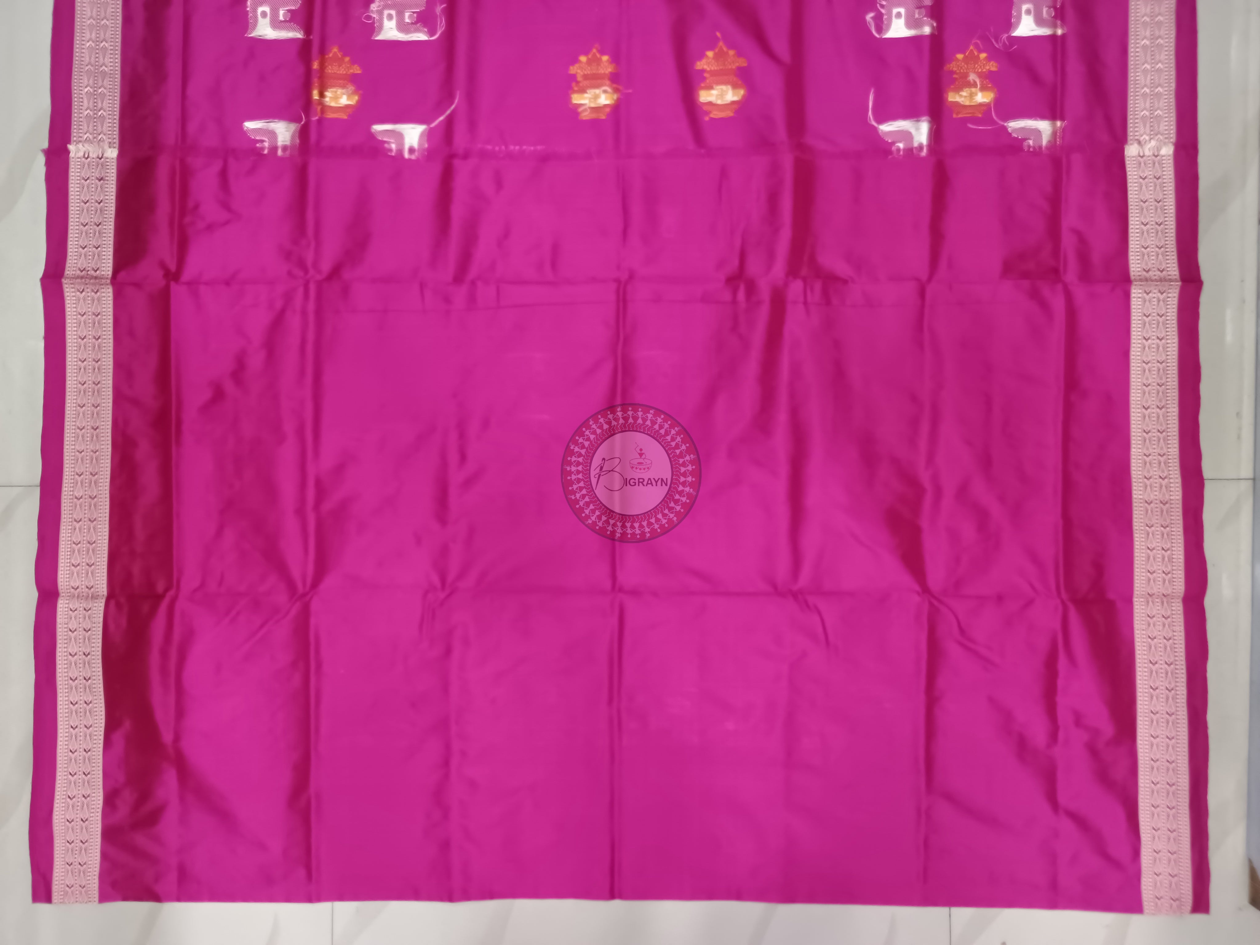 Parrot Green Magenta Swastik Kalash Silk Saree