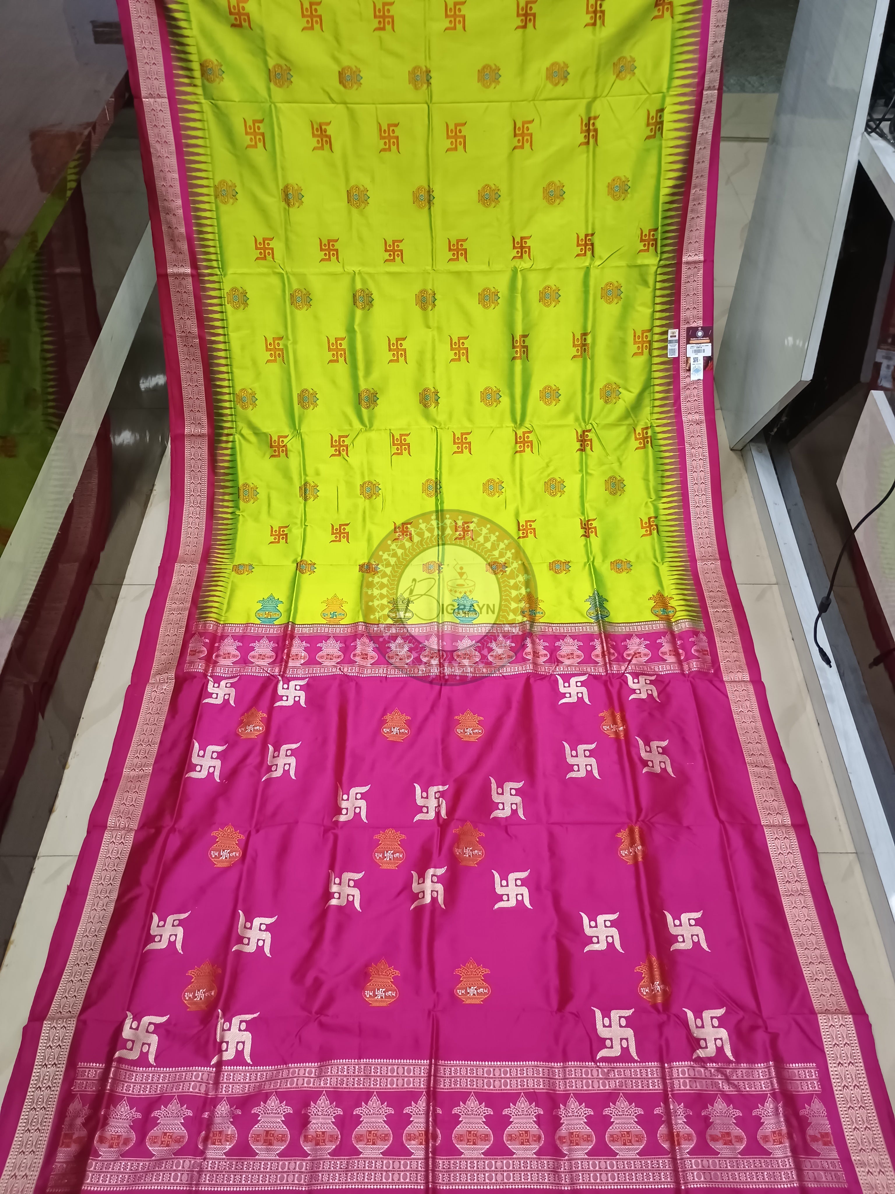 Neon Green Magenta Swastik Kalash Silk Saree