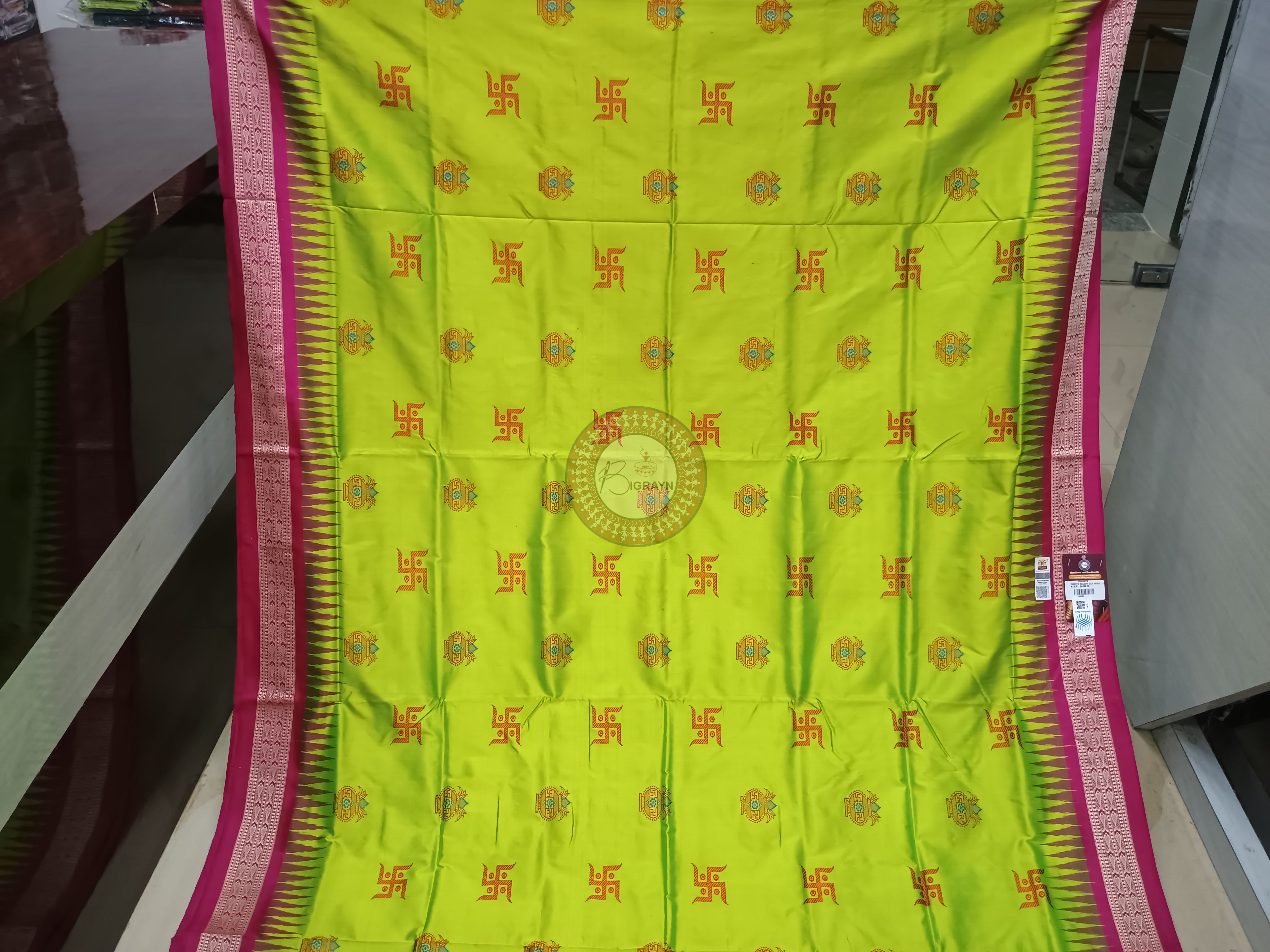 Neon Green Magenta Swastik Kalash Silk Saree