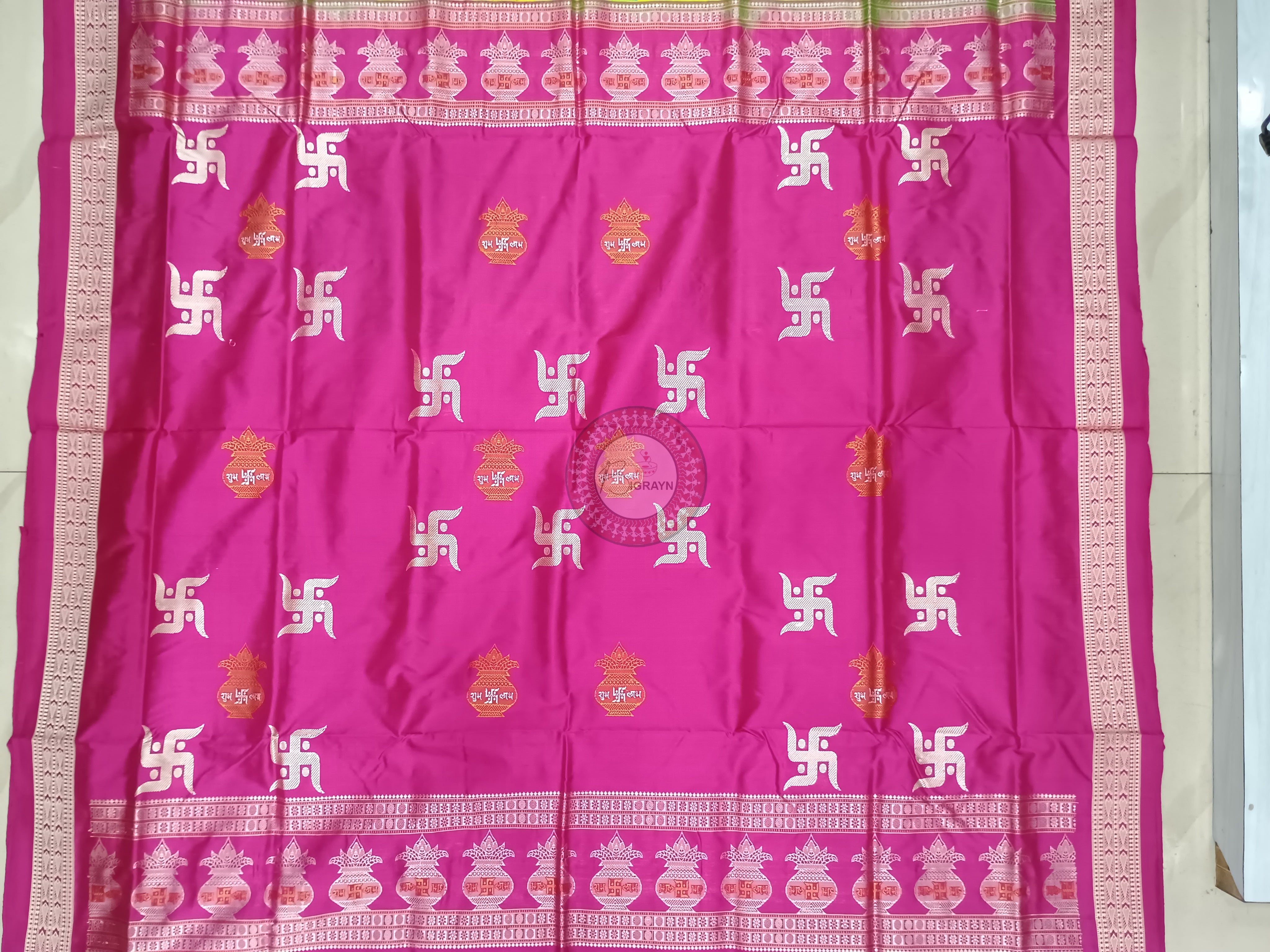 Neon Green Magenta Swastik Kalash Silk Saree